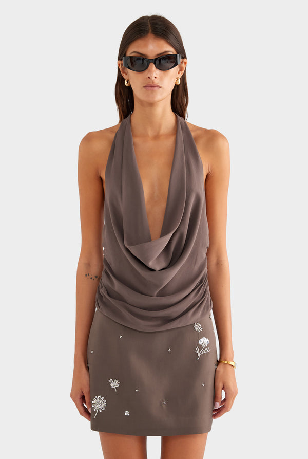 Deep Cowl Sheer Silk Halter - Mocha - XS