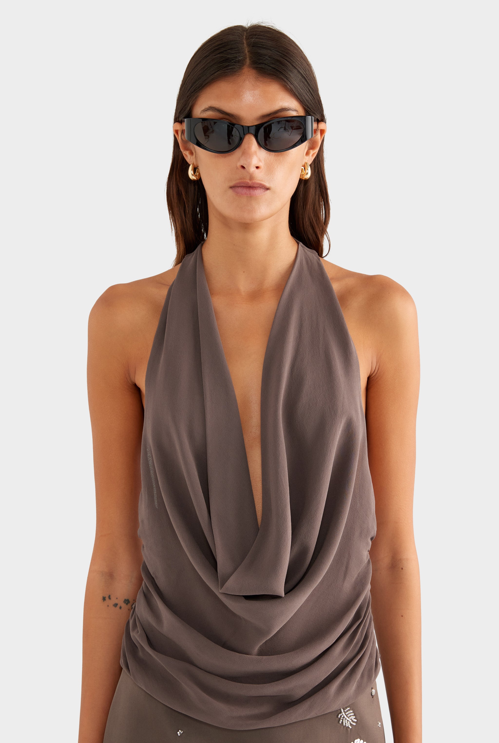 Deep Cowl Sheer Silk Halter - Mocha - XS