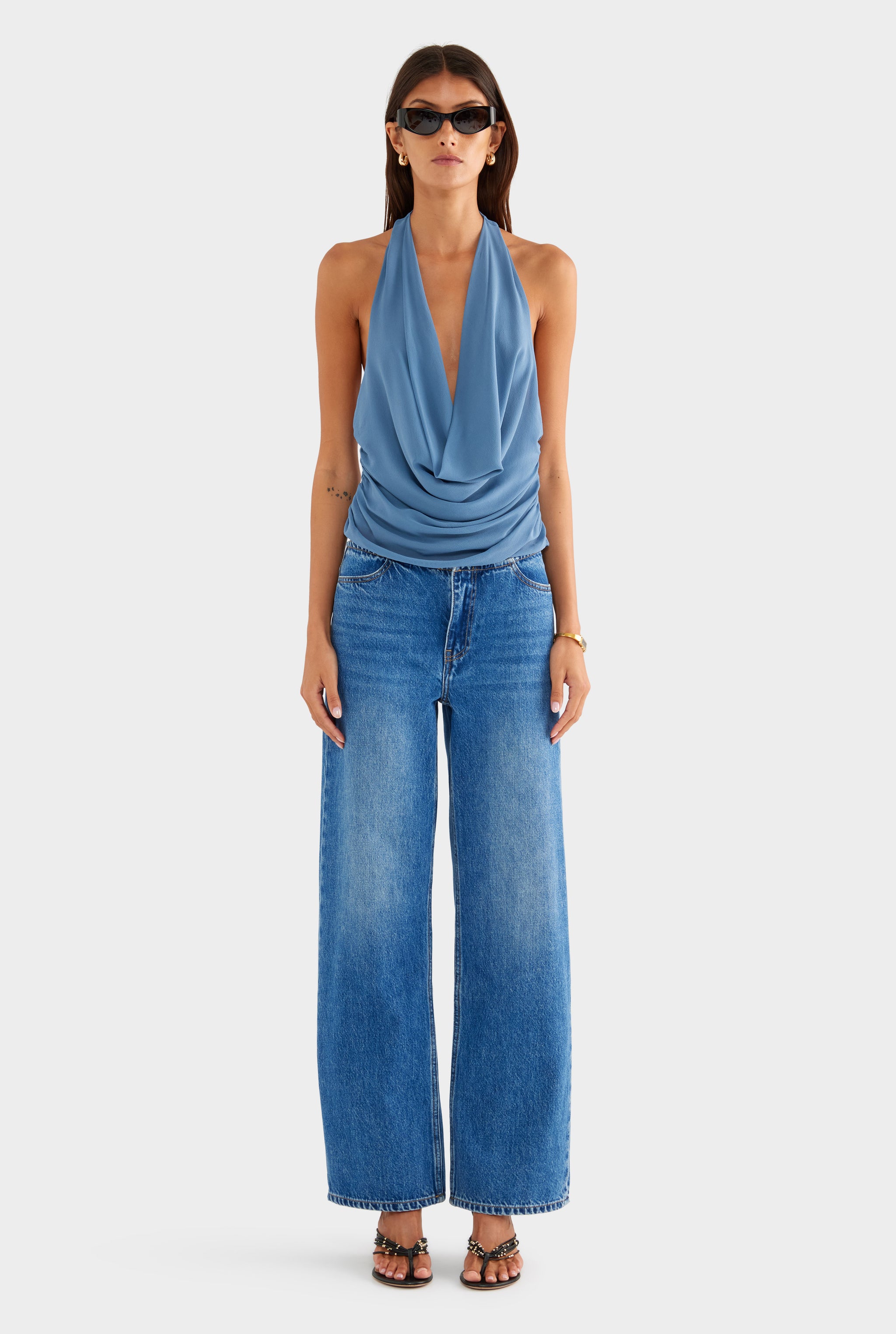 Deep Cowl Sheer Silk Halter - Slate Blue - XS