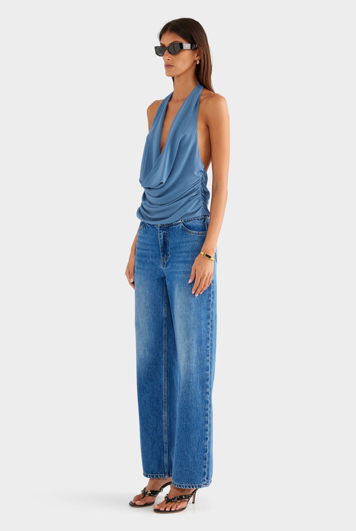Deep Cowl Sheer Silk Halter - Slate Blue - XS