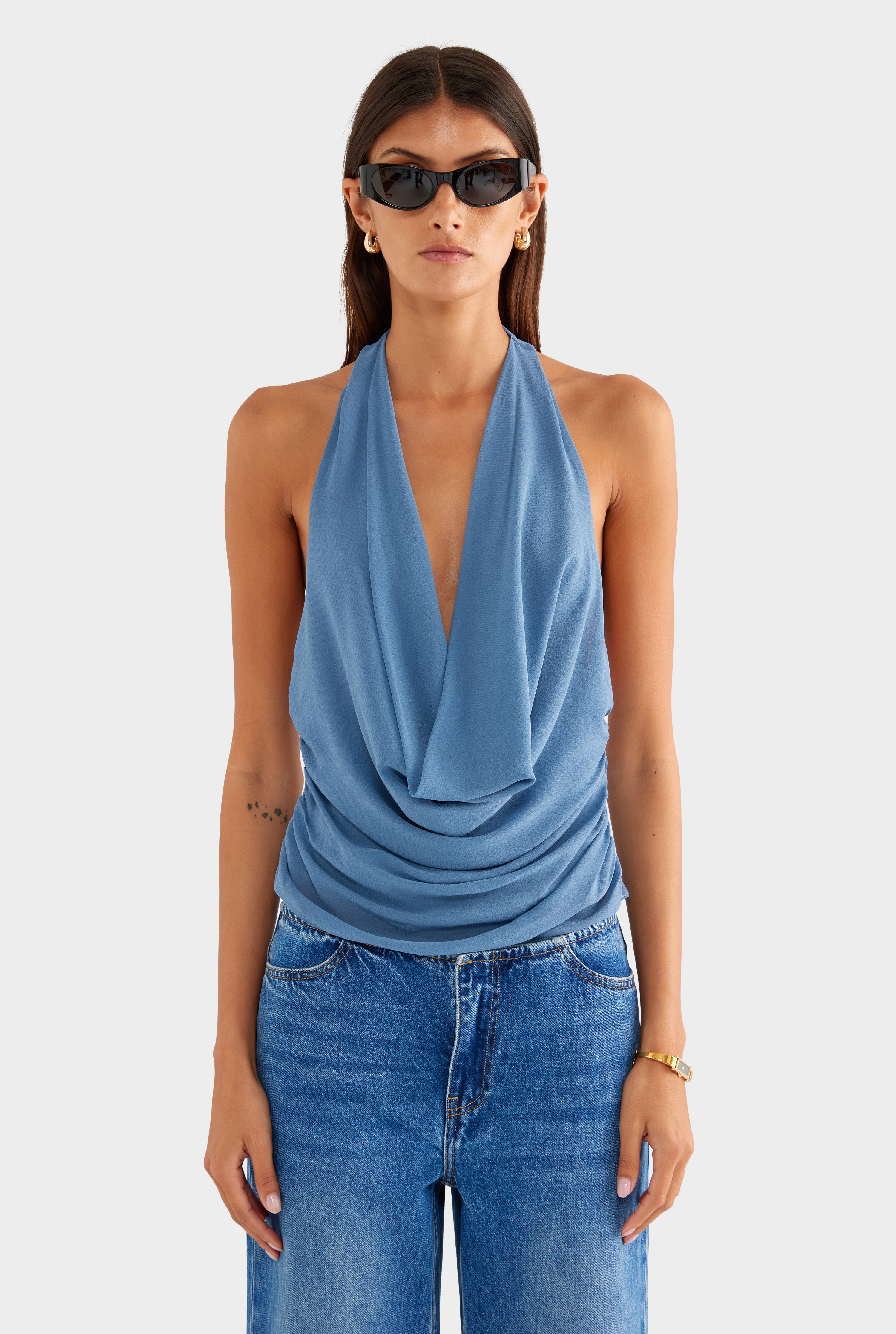 Deep Cowl Sheer Silk Halter - Slate Blue - XS