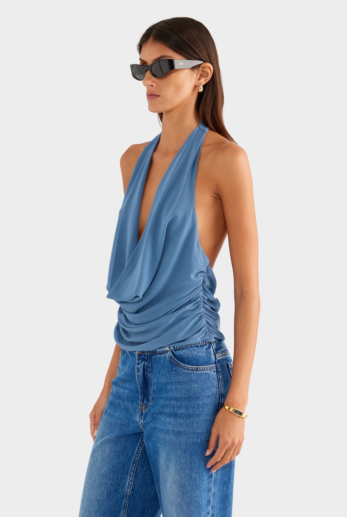 Deep Cowl Sheer Silk Halter - Slate Blue - XS