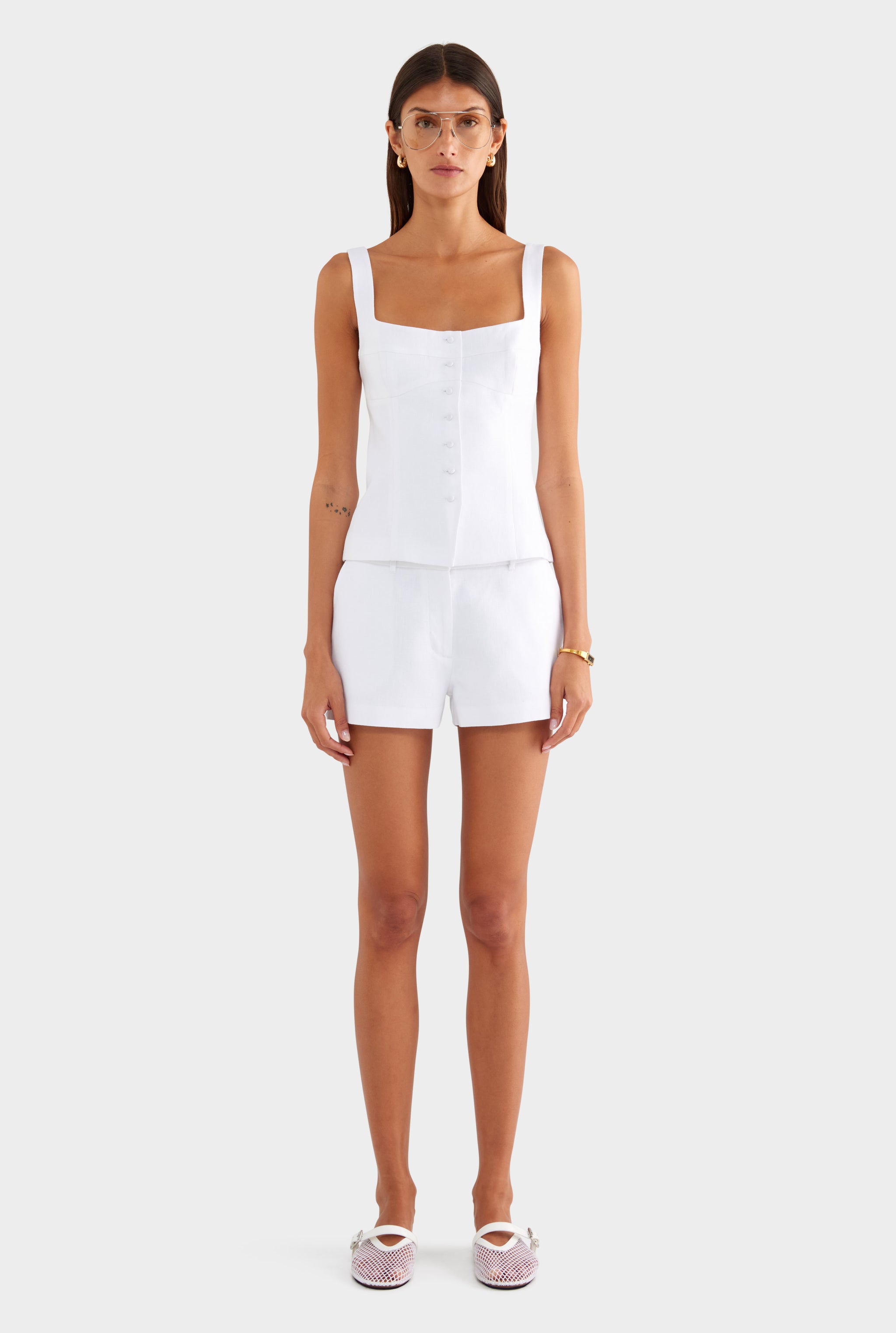 Linen Panelled Bodice Top - White - XS