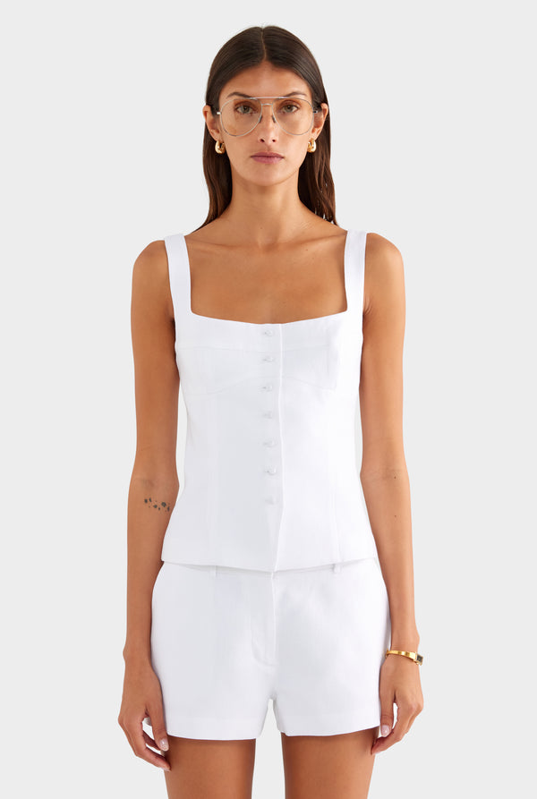 Linen Panelled Bodice Top - White - XS