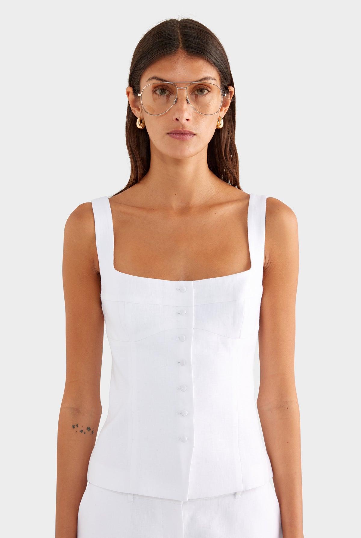 Linen Panelled Bodice Top - White - XS