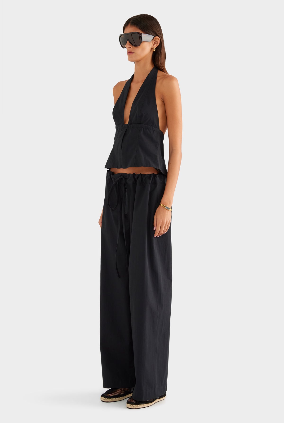 Panelled Cotton Halter Top - Black - XS