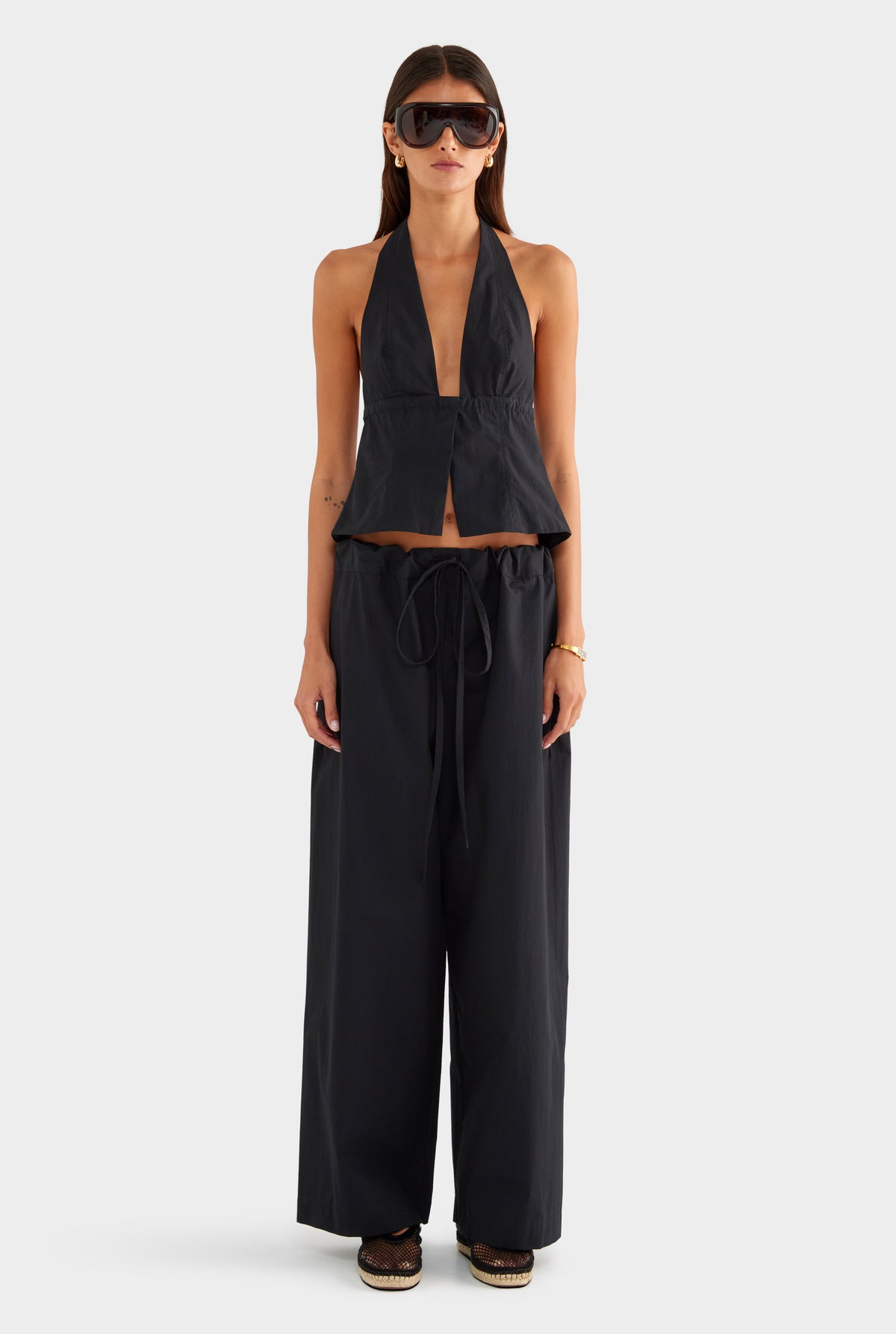 Panelled Cotton Halter Top - Black - XS
