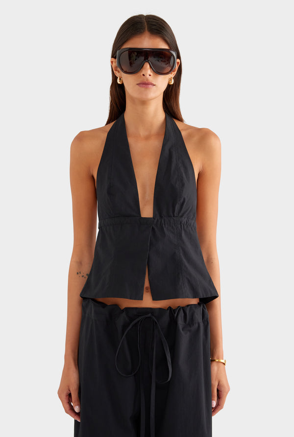 Panelled Cotton Halter Top - Black - XS