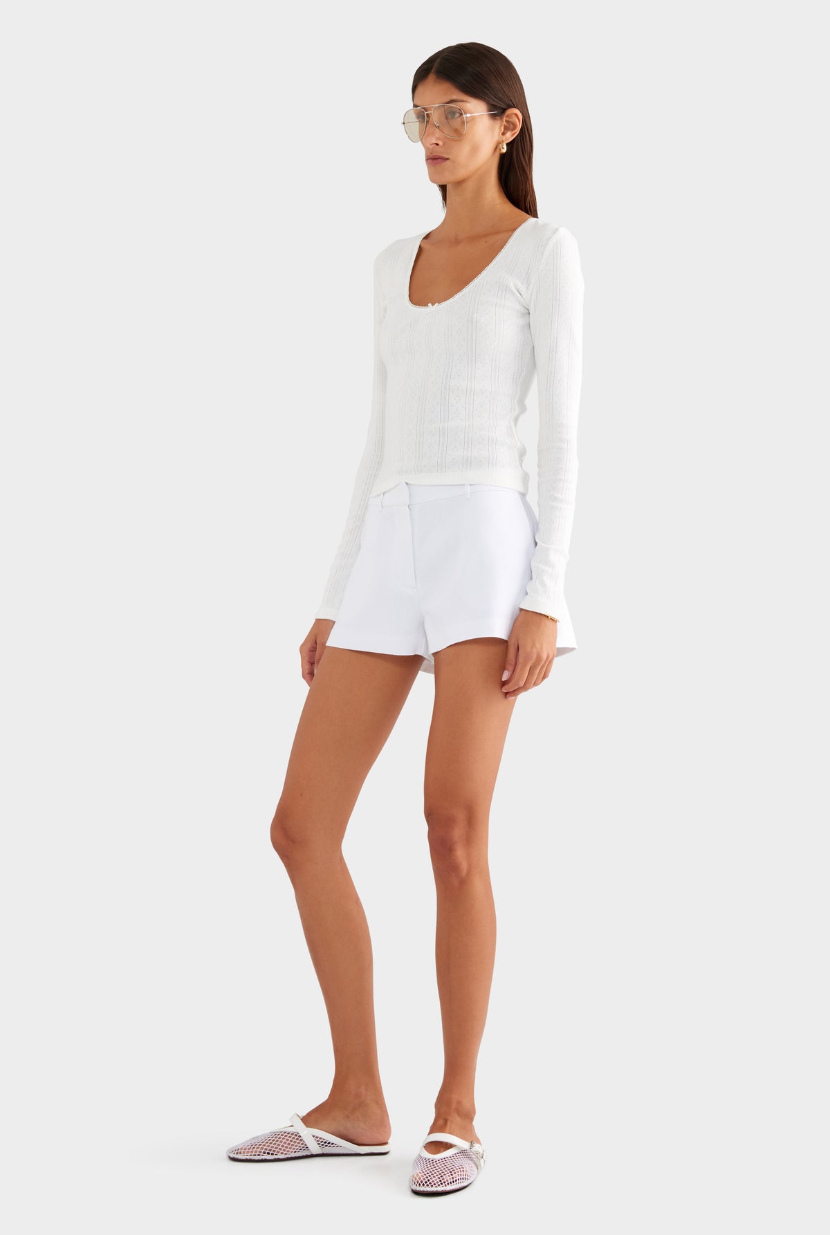 Cotton Pointelle Long Sleeve Top - White - XS