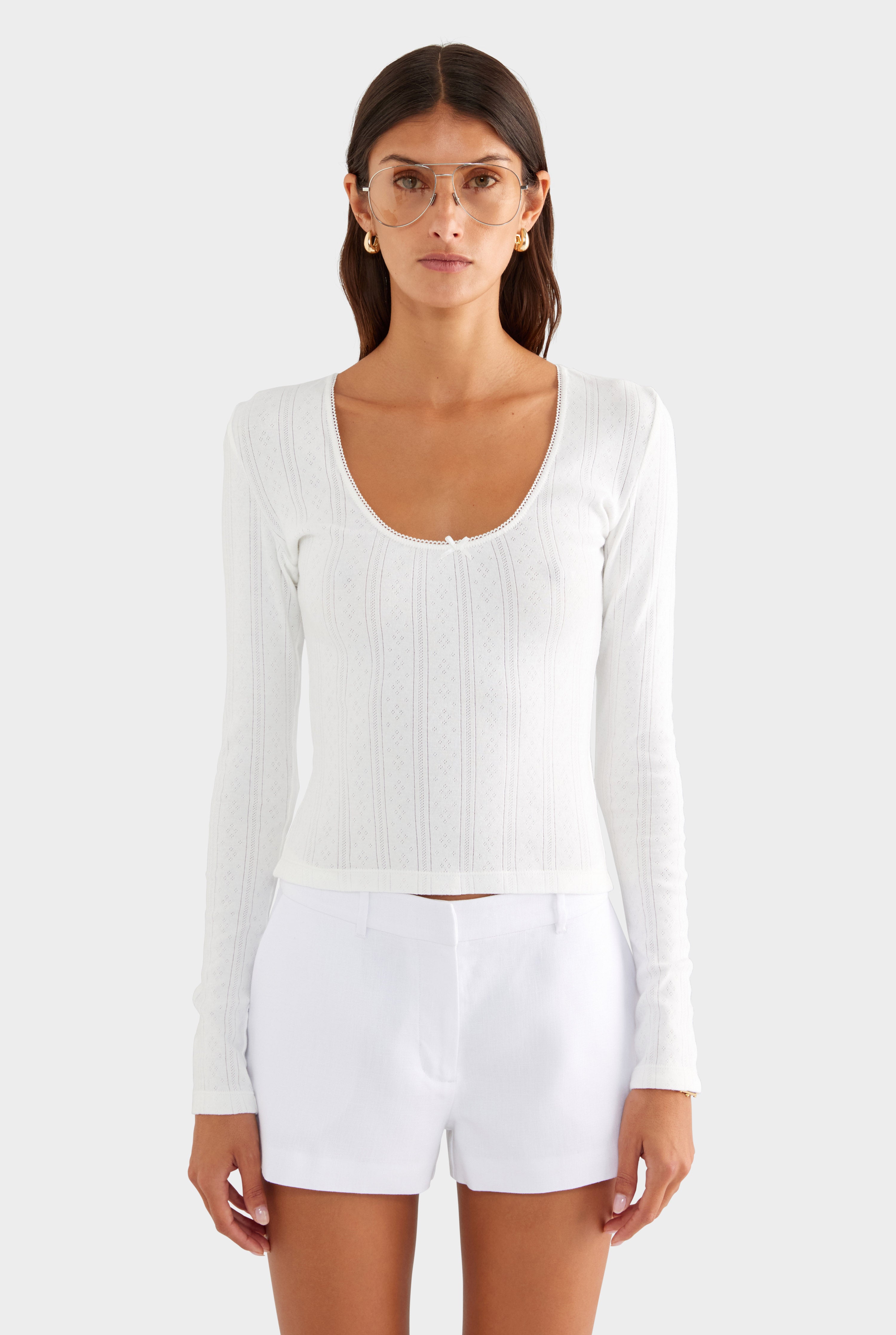Cotton Pointelle Long Sleeve Top - White - XS