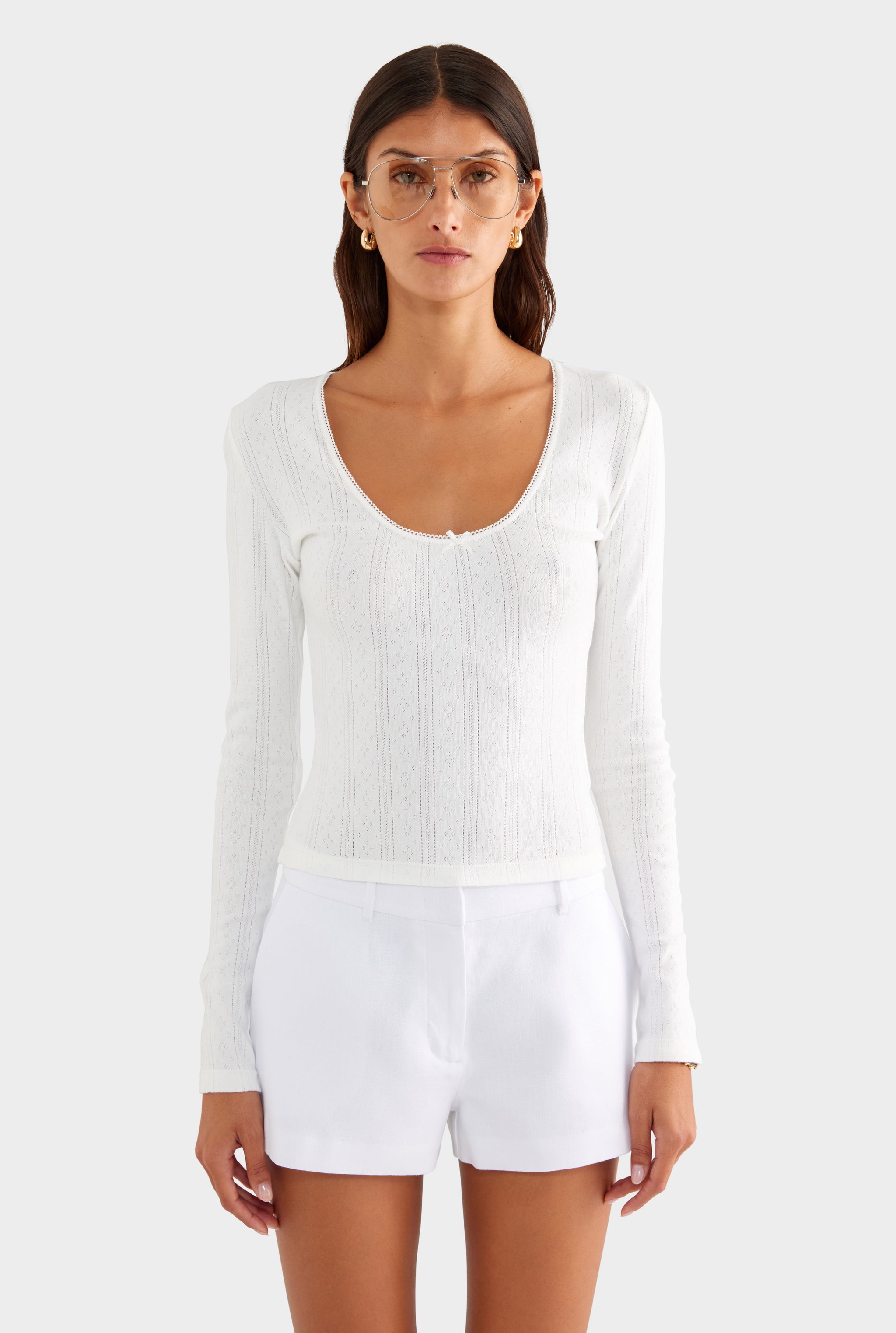 Cotton Pointelle Long Sleeve Top - White - XS