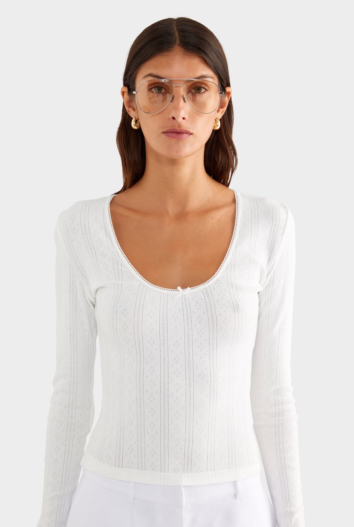 Cotton Pointelle Long Sleeve Top - White - XS