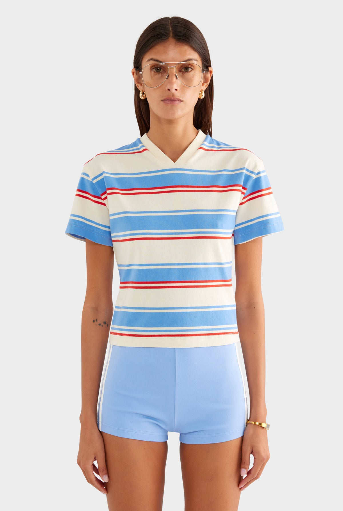 Stripe V Neck Tee - Cream/Red/Light Blue Stripe - XS