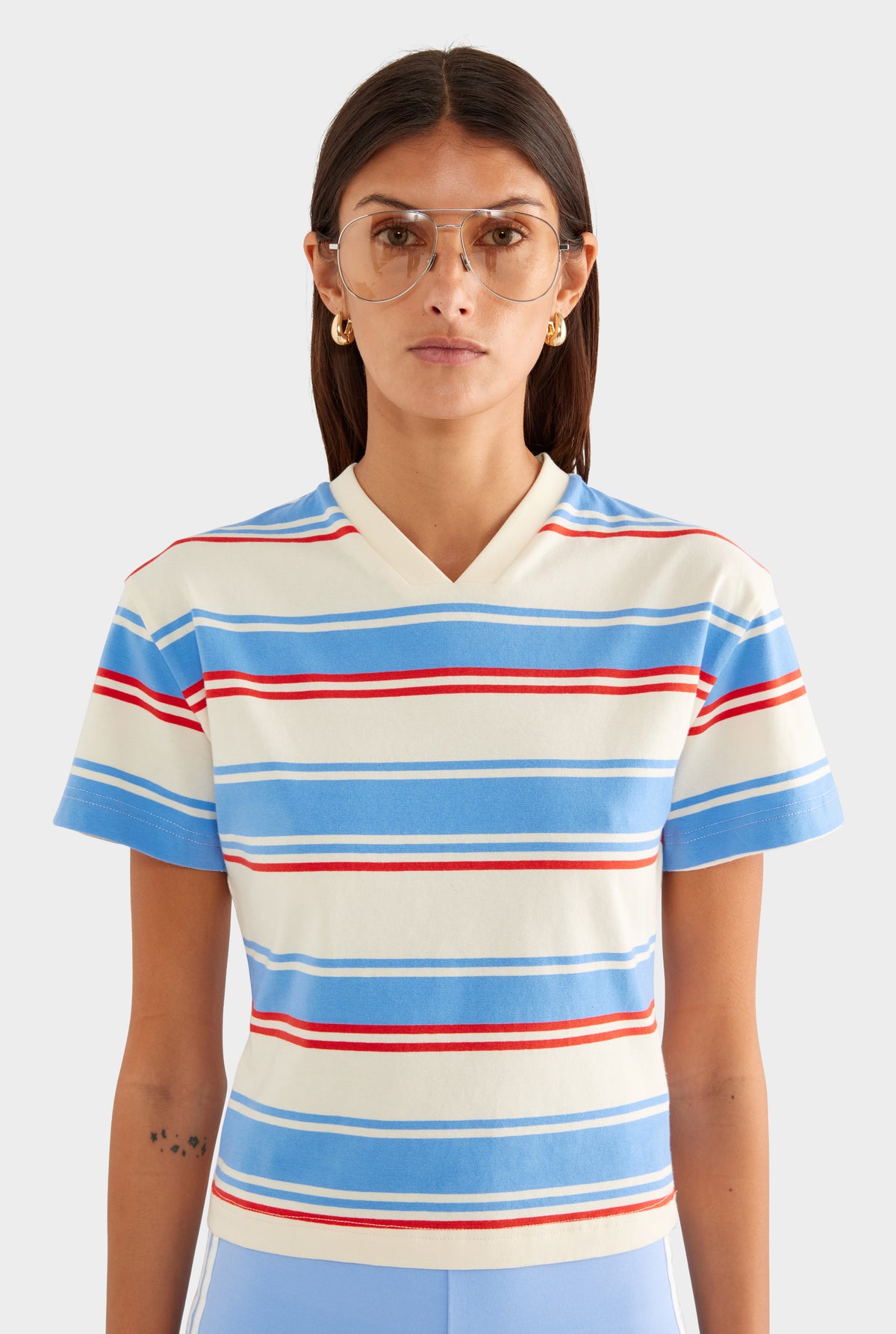 Stripe V Neck Tee - Cream/Red/Light Blue Stripe - XS