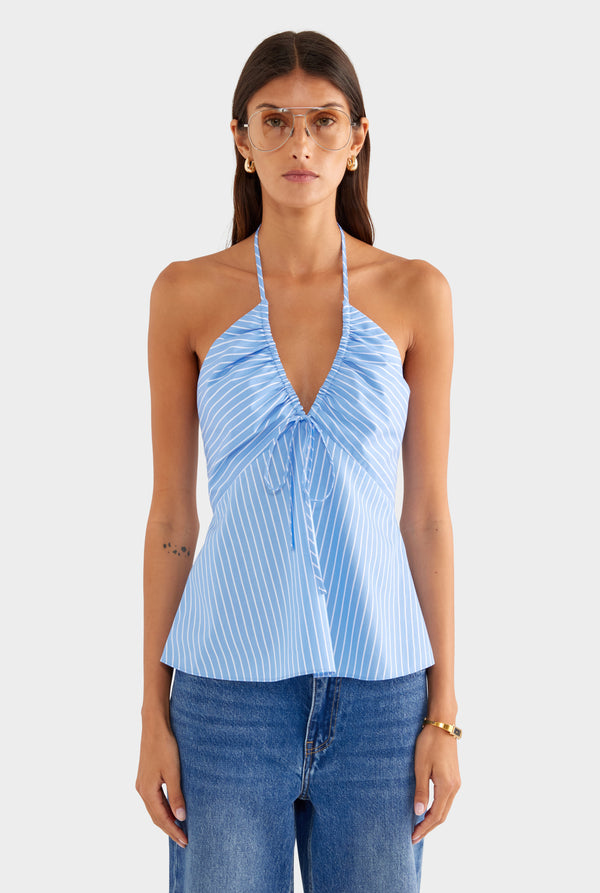 Drawstring Cotton Halter Top - Blue/White Stripe - XS