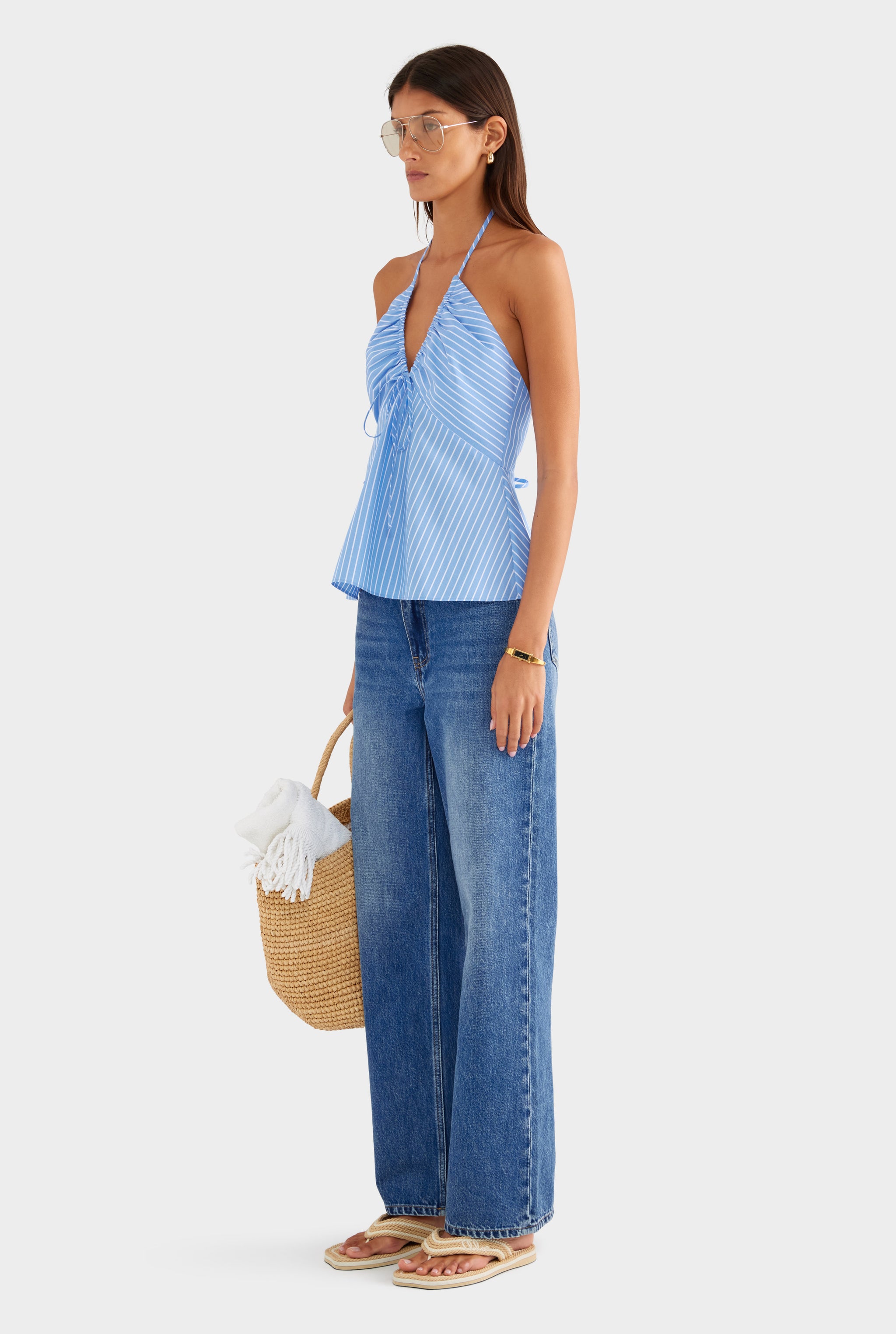 Drawstring Cotton Halter Top - Blue/White Stripe - XS