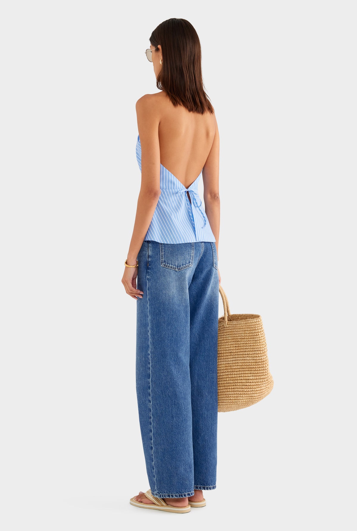 Drawstring Cotton Halter Top - Blue/White Stripe - XS