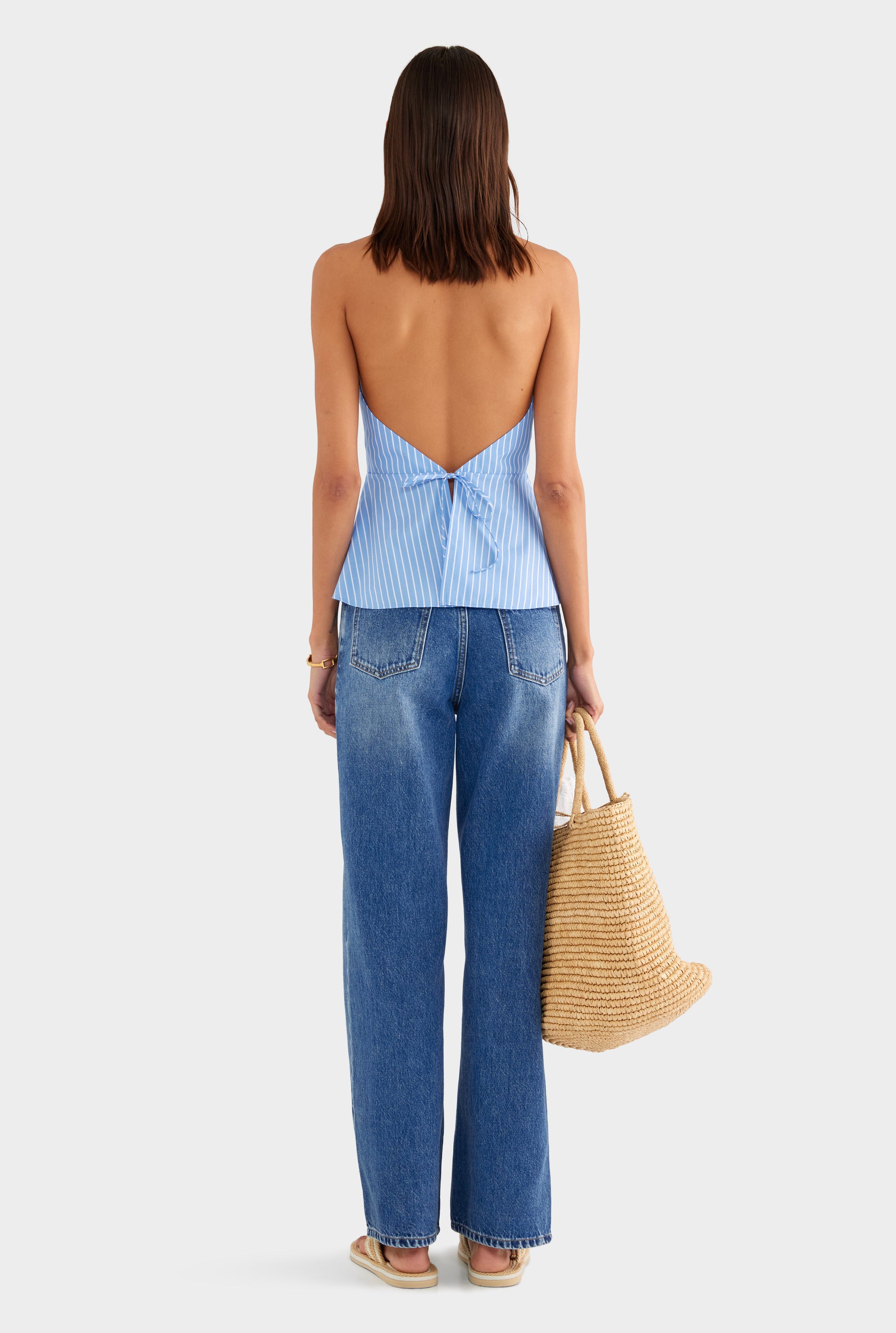 Drawstring Cotton Halter Top - Blue/White Stripe - XS