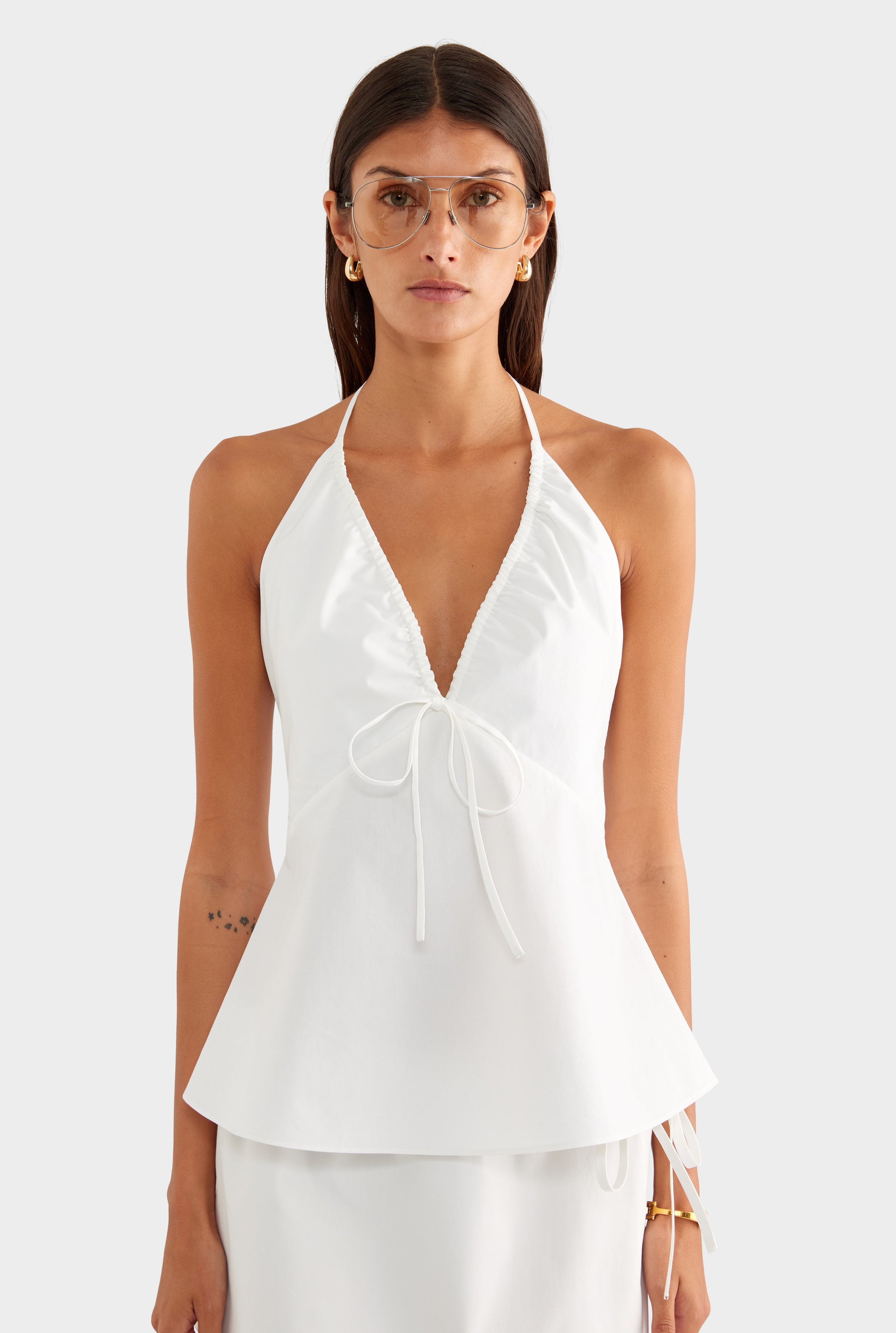 Drawstring Cotton Halter Top - White - XS