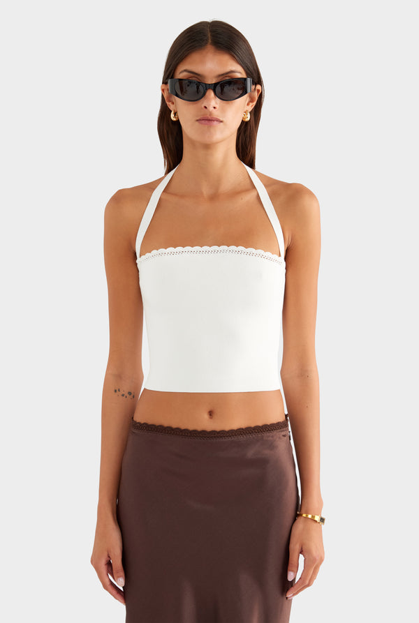 Crochet Trim Knit Halter - Off White - XS