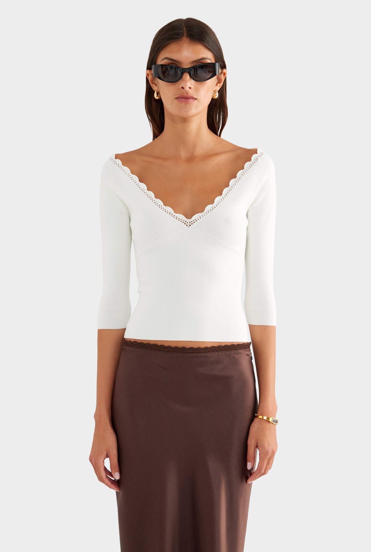 Crochet Trim 3/4 Sleeve Knit Top - Off White - XS