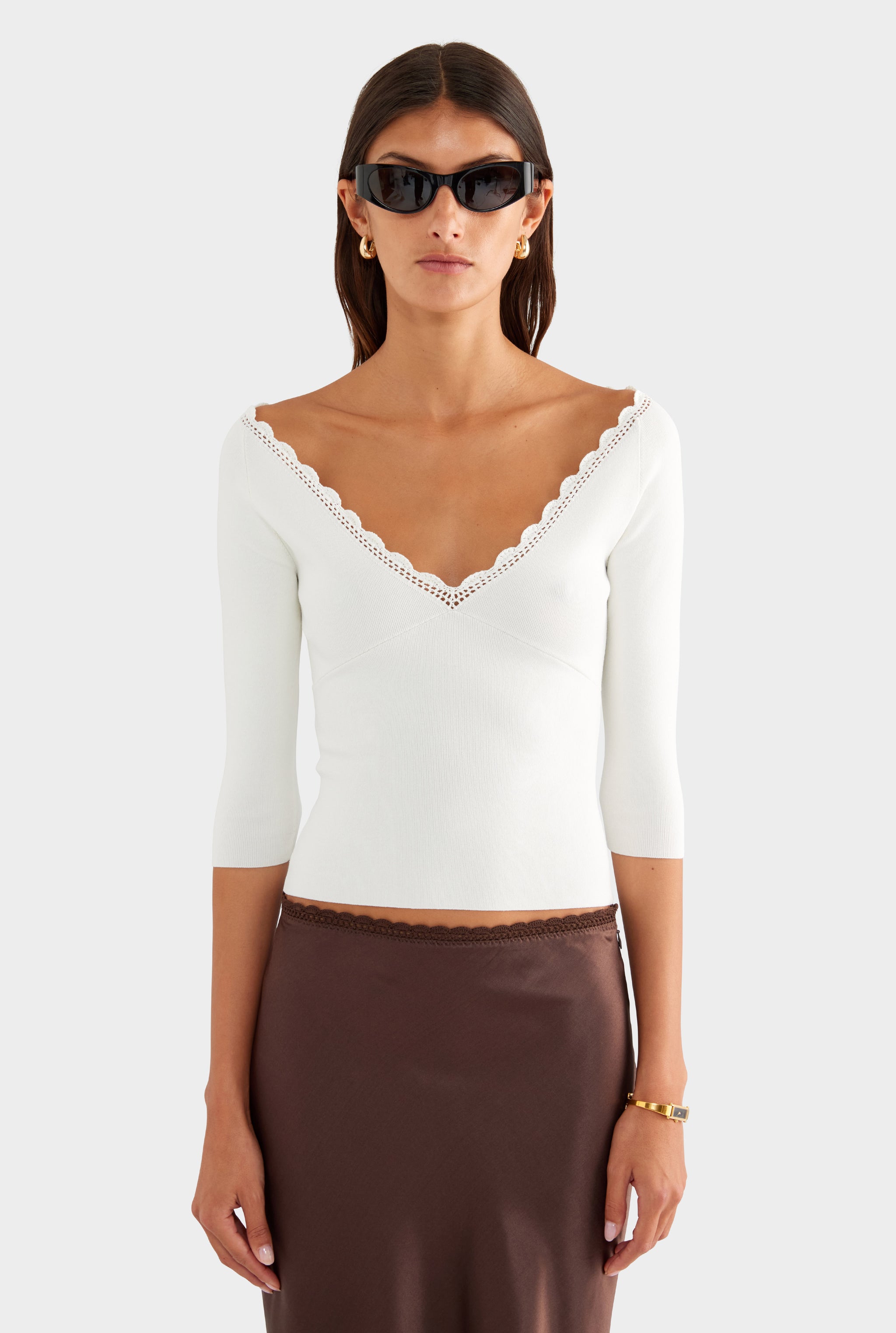 Crochet Trim 3/4 Sleeve Knit Top - Off White - XS