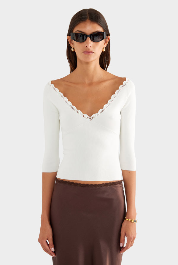 Crochet Trim 3/4 Sleeve Knit Top - Off White - XS