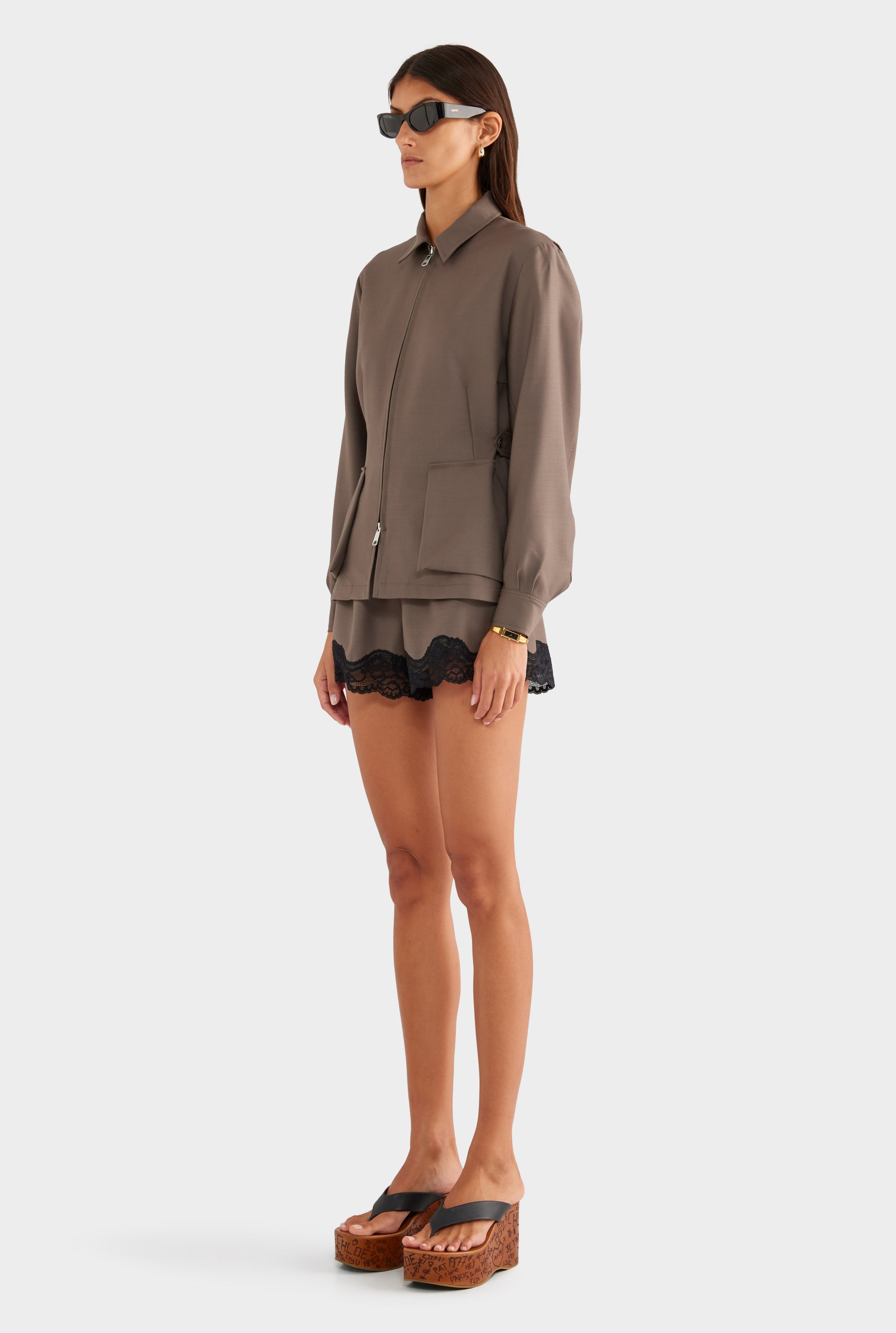 Tailored Wool Zip Suit Jacket - Mocha - XS