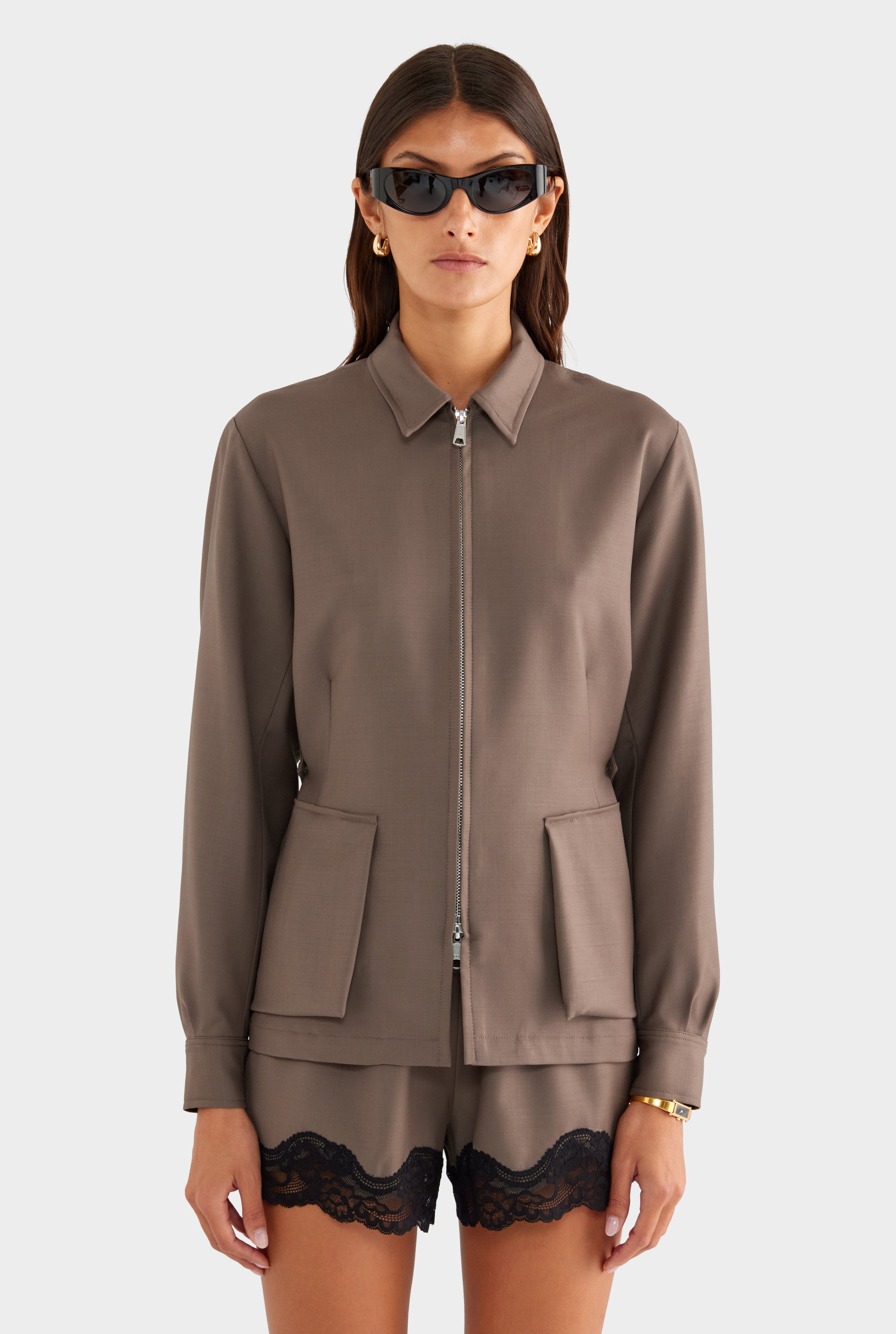 Tailored Wool Zip Suit Jacket - Mocha - XS