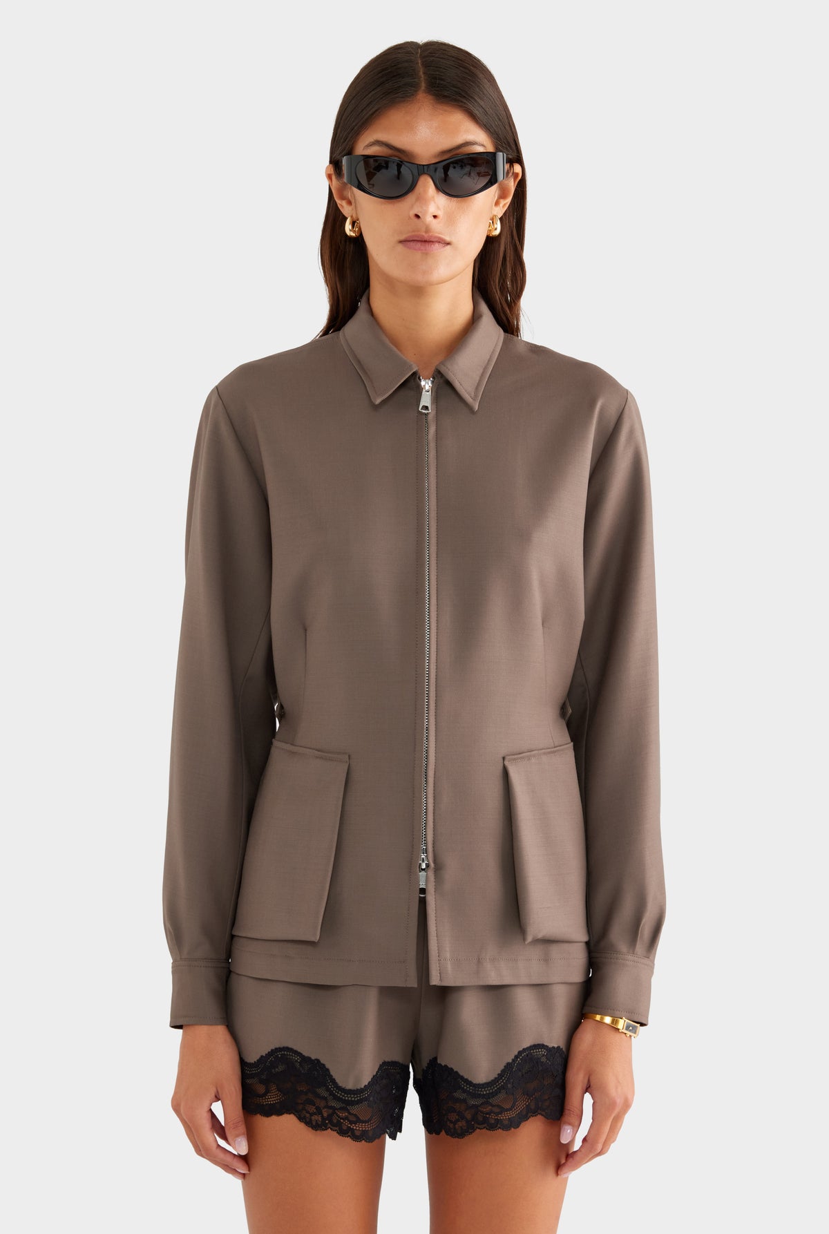 Tailored Wool Zip Suit Jacket - Mocha - XS