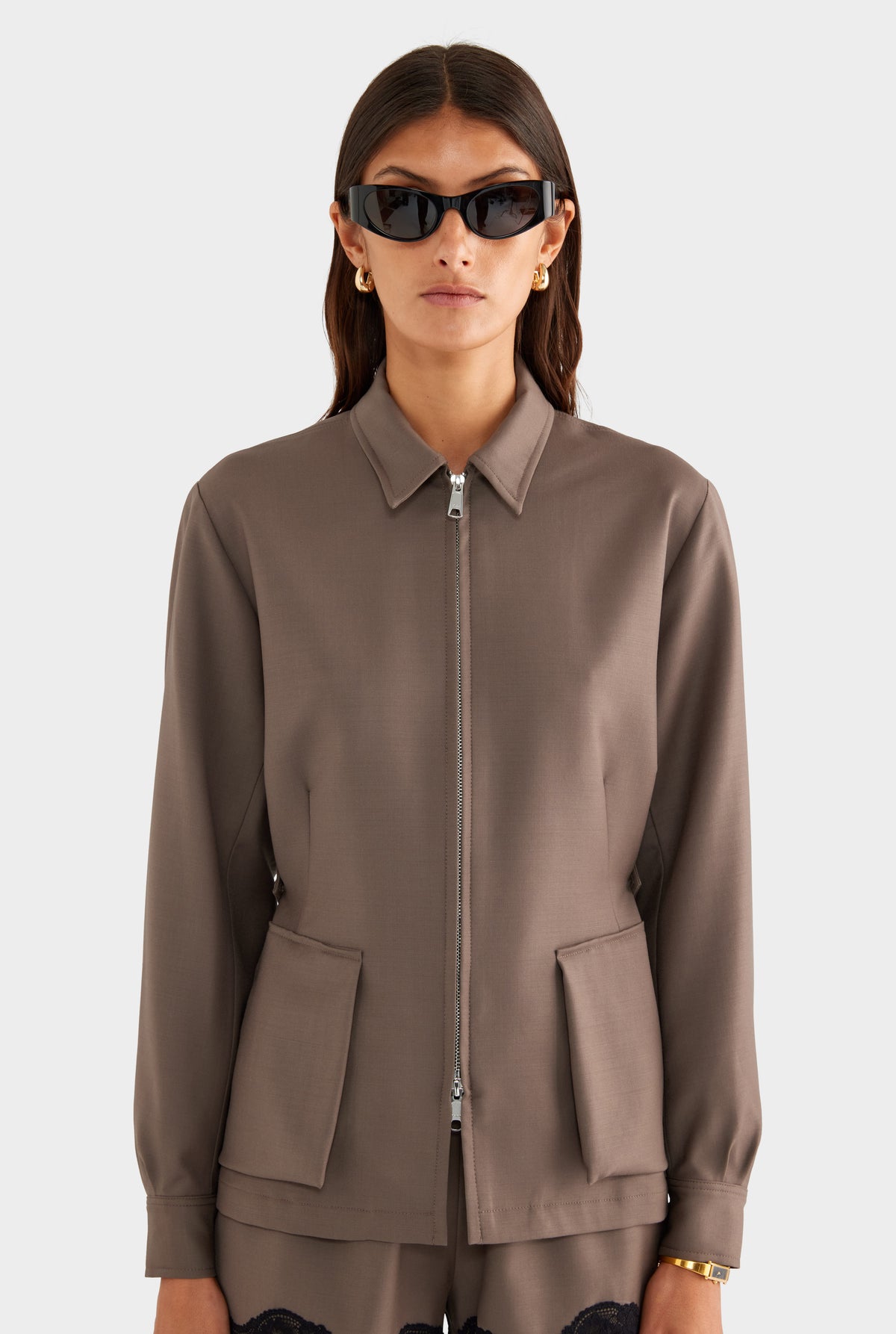 Tailored Wool Zip Suit Jacket - Mocha - XS