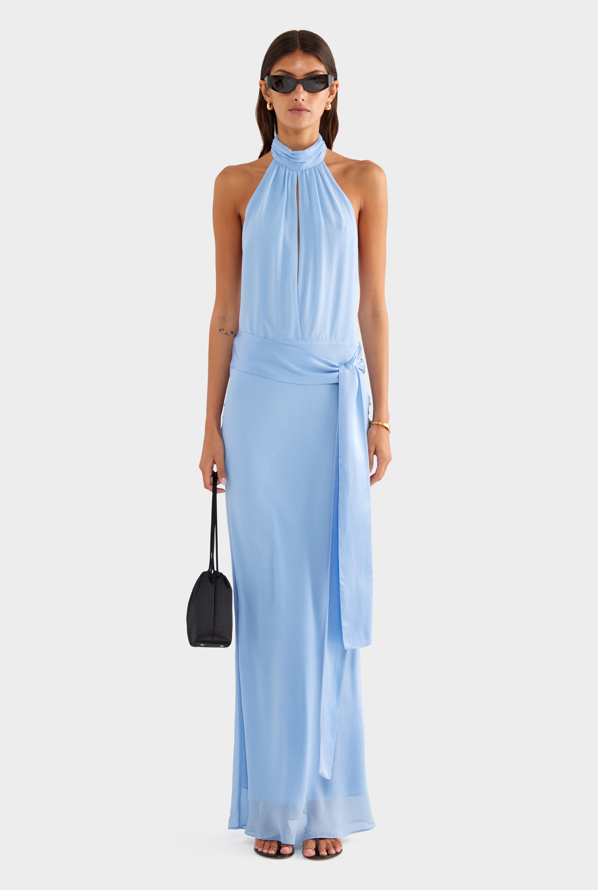 Silk High Neck Sash Dress - French Blue - XS
