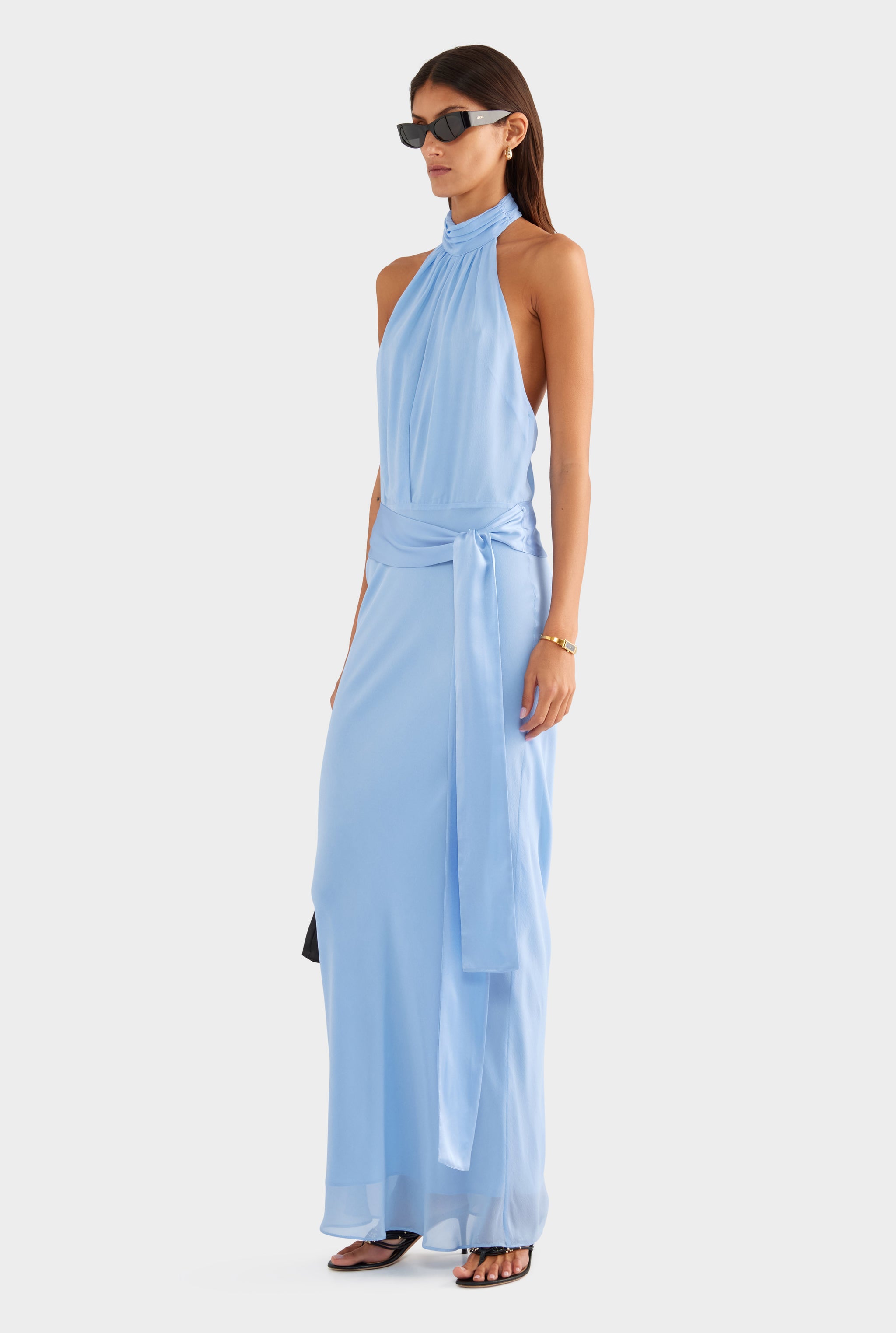 Silk High Neck Sash Dress - French Blue - XS