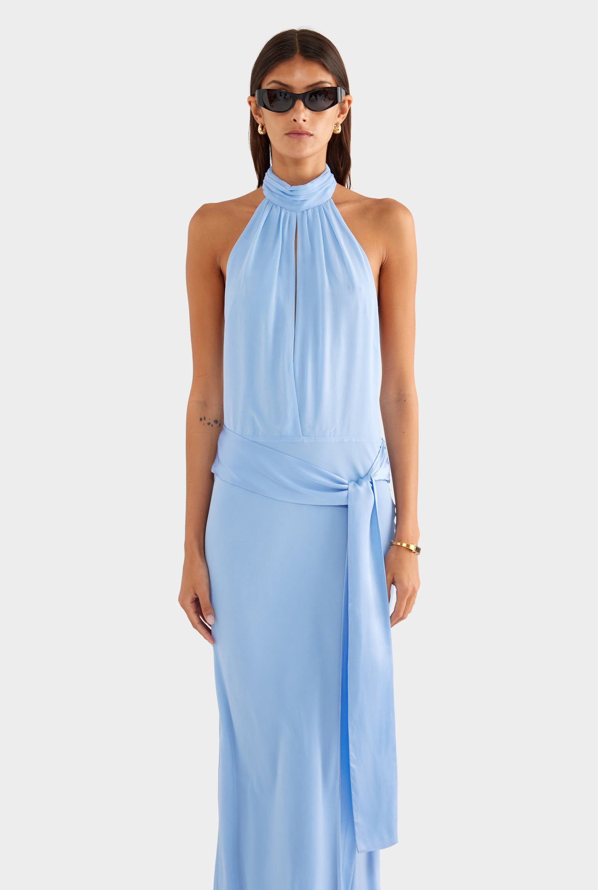 Silk High Neck Sash Dress - French Blue - XS