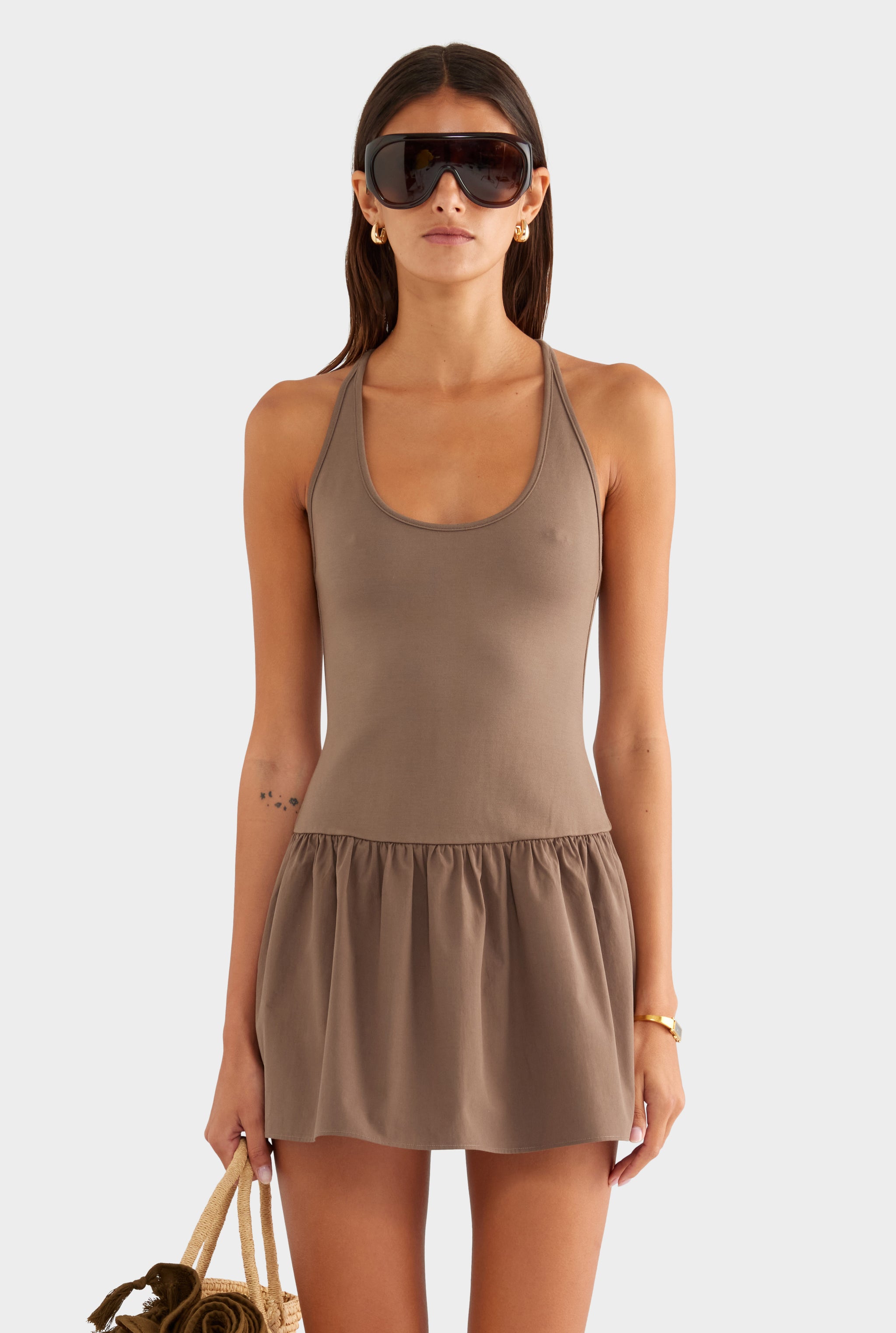 Braided Strap Halter Mini Dress - Chocolate Chip - XS