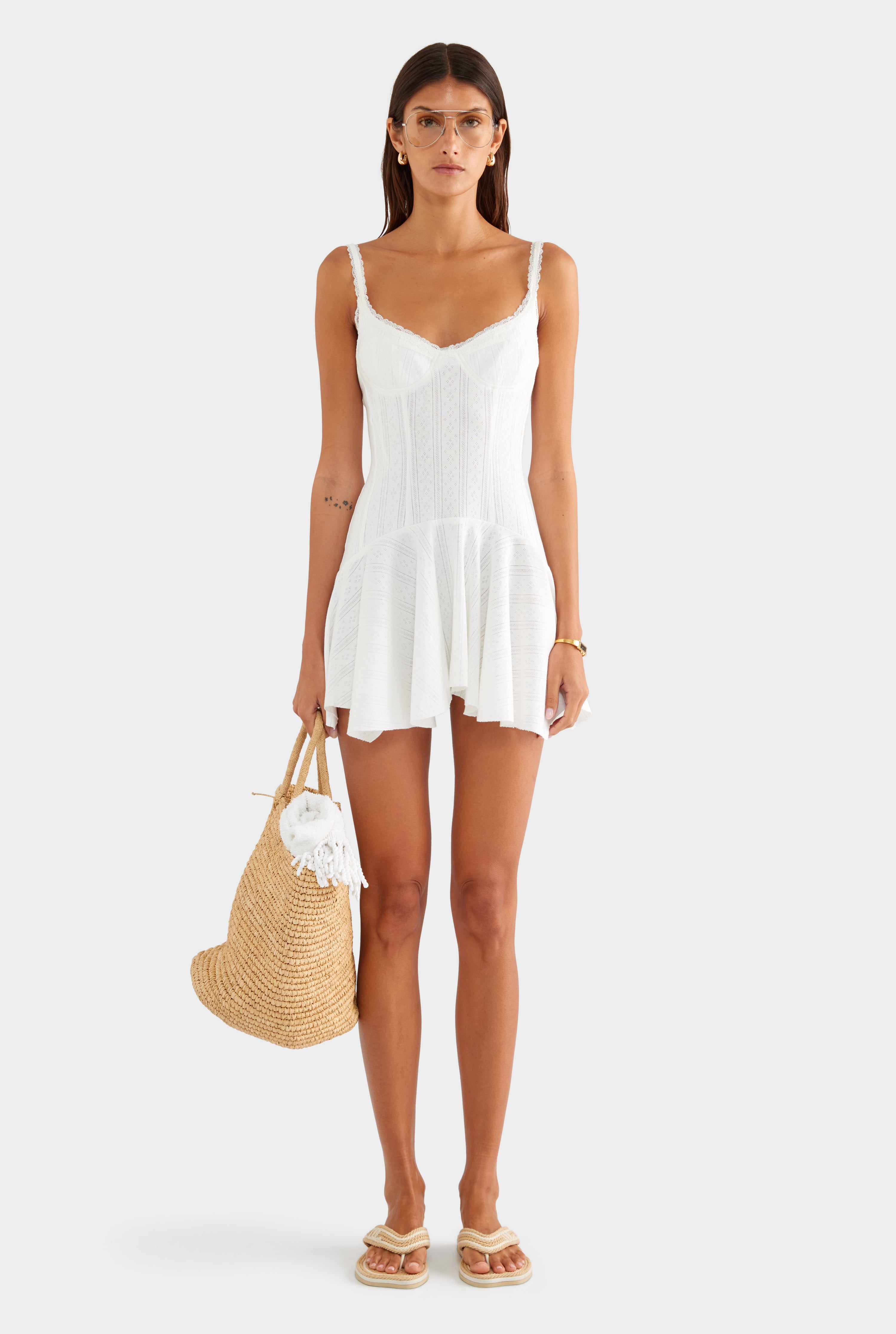 Pointelle Handkerchief Mini Dress - White - XS