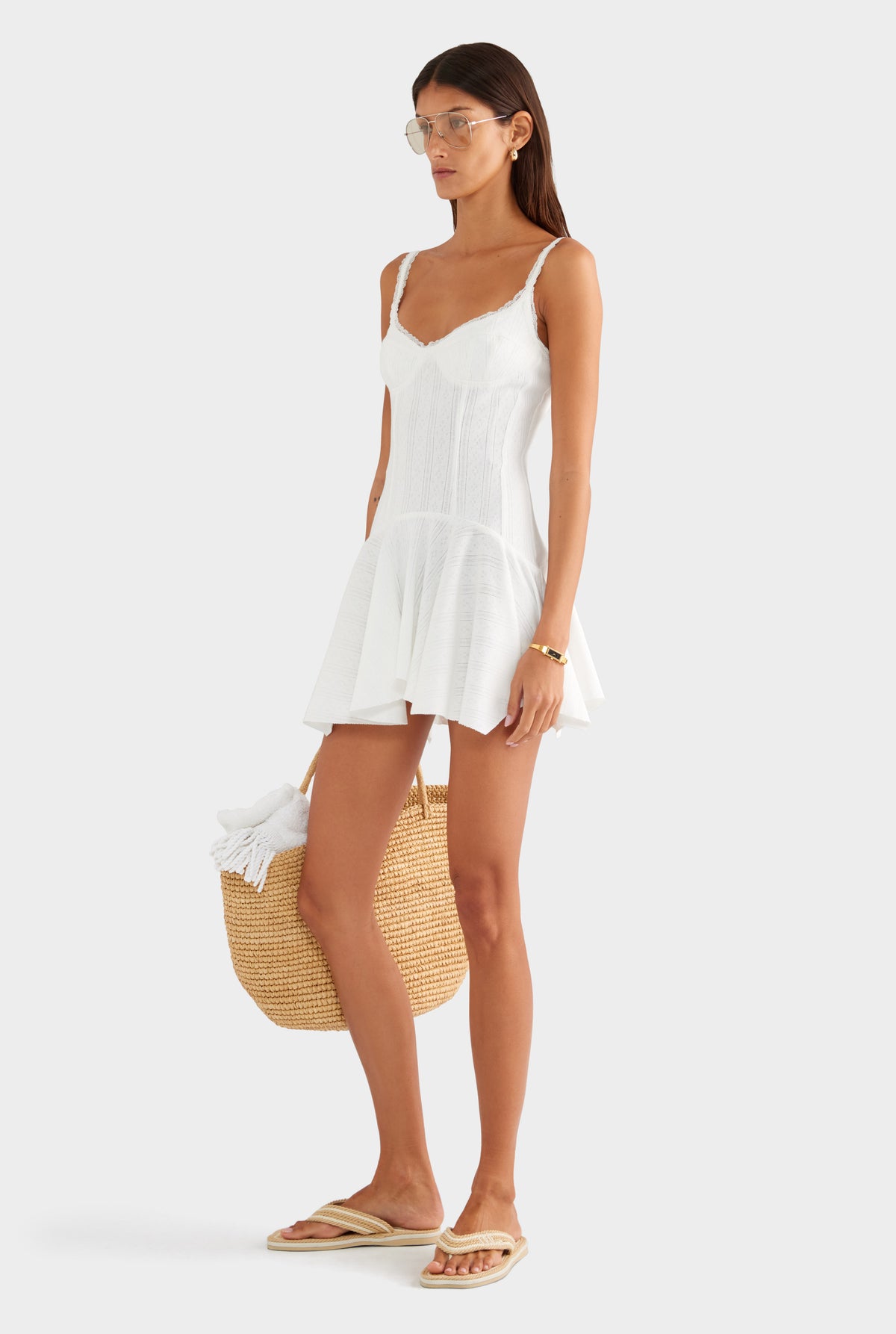 Pointelle Handkerchief Mini Dress - White - XS