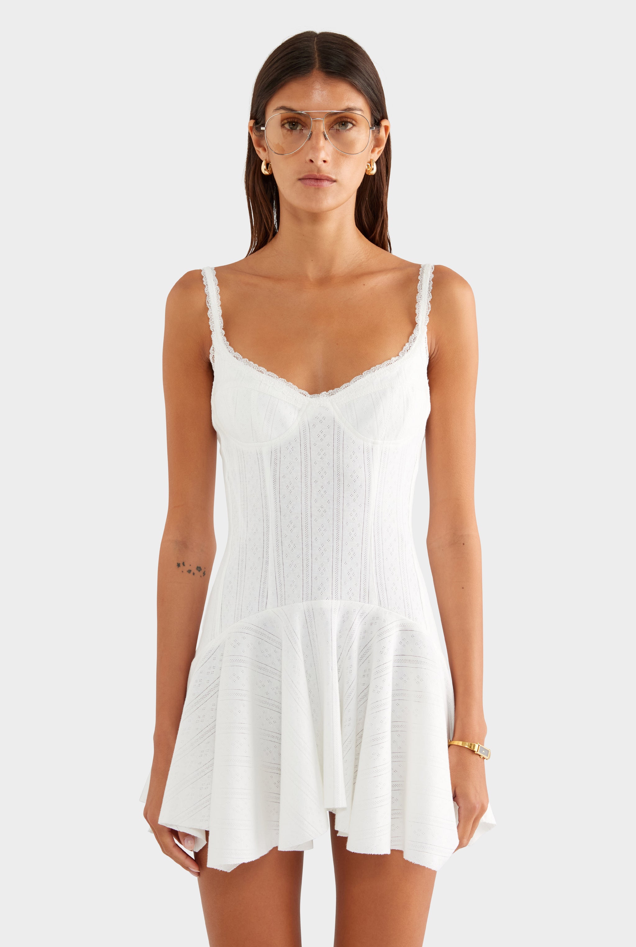 Pointelle Handkerchief Mini Dress - White - XS