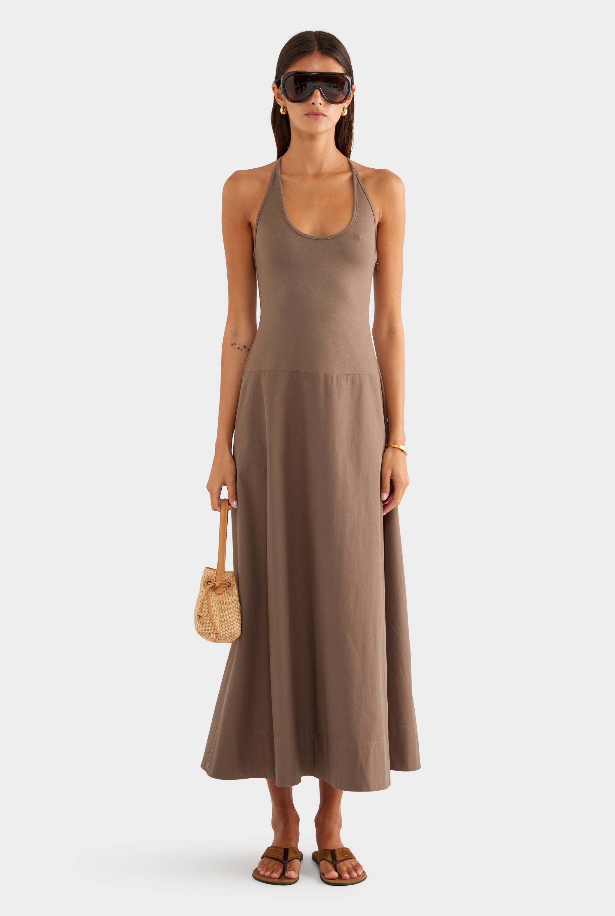 Braided Strap Halter Maxi Dress - Chocolate Chip - XS