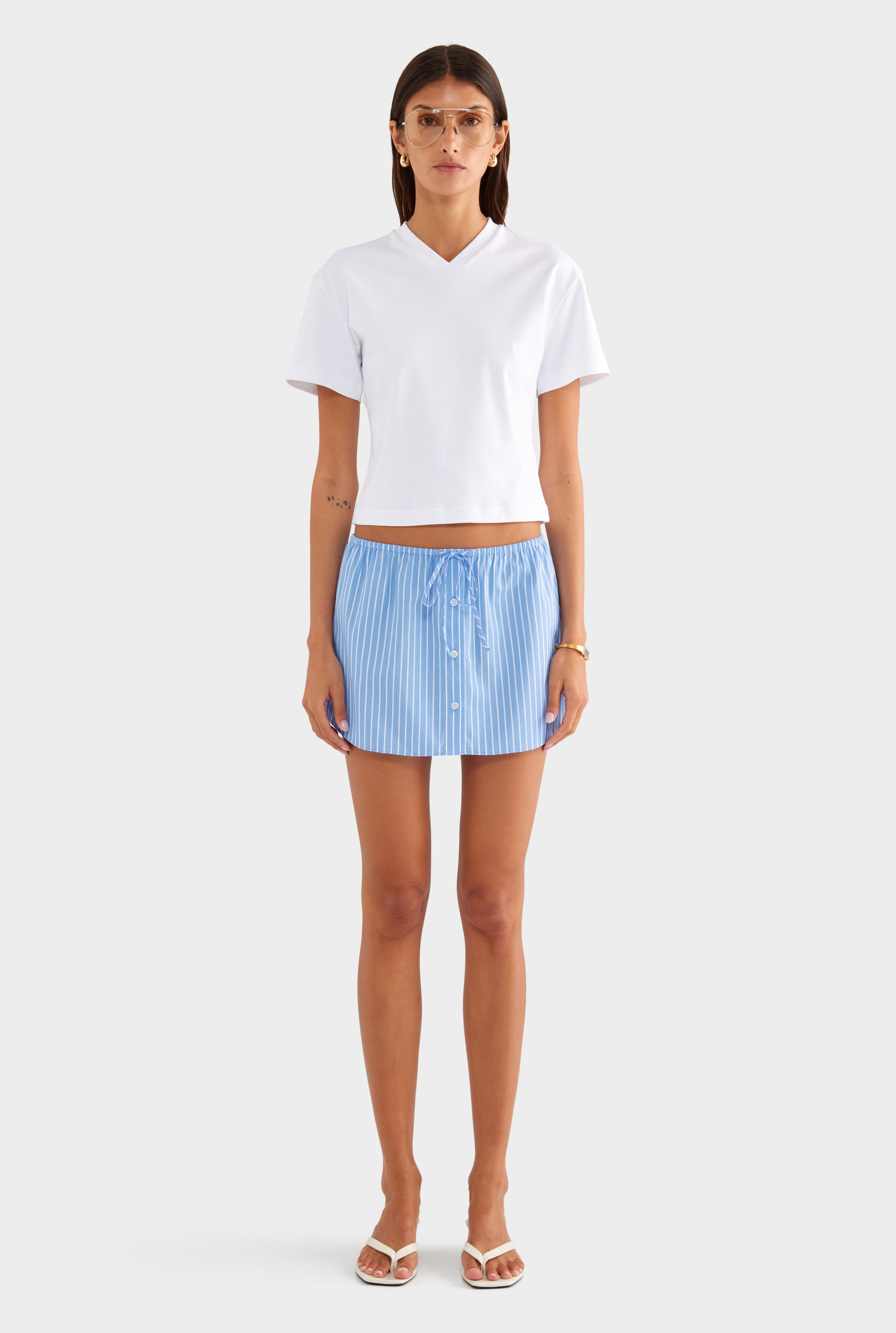 Cotton Shirting Mini Skirt - Blue/White Stripe - XS