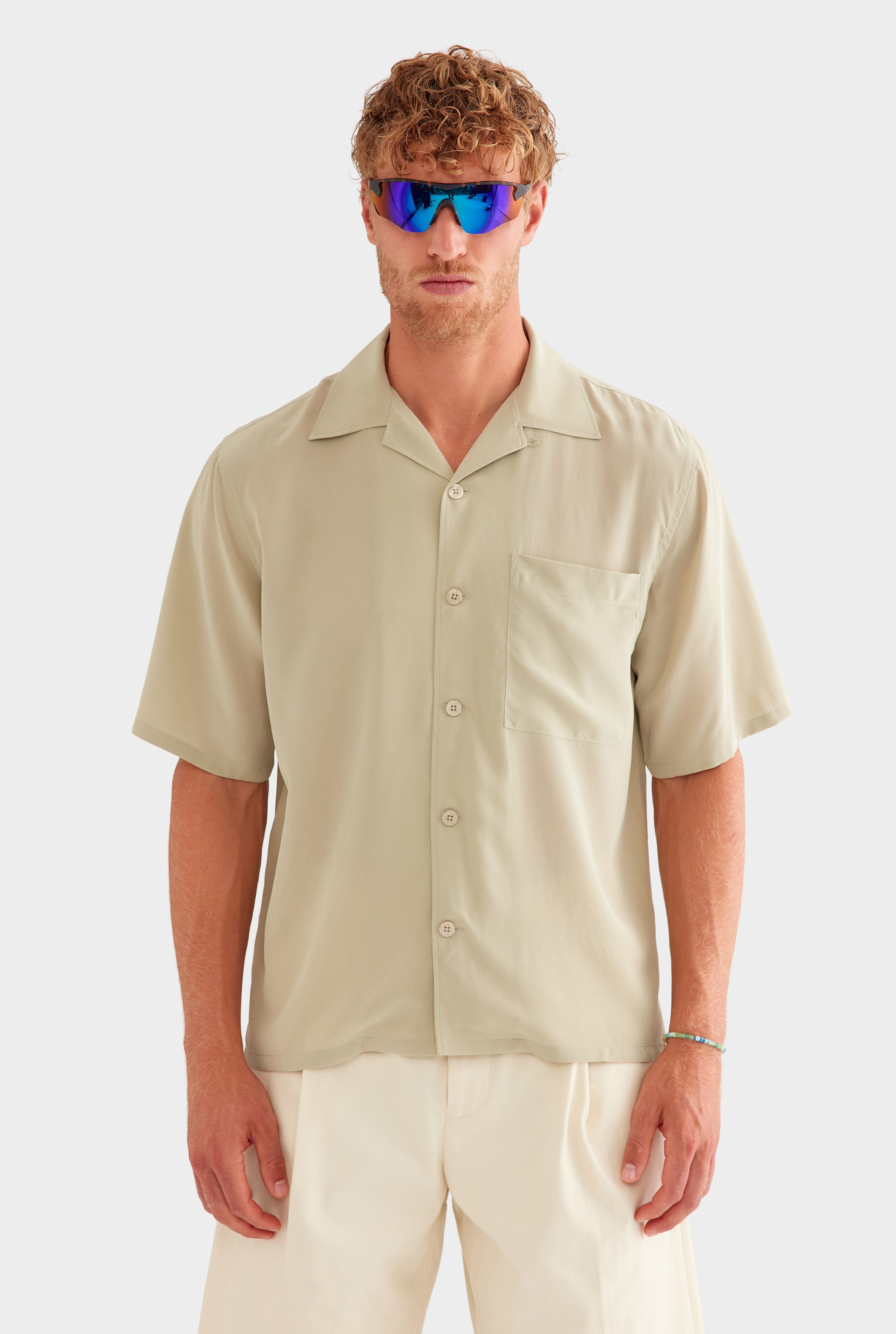 Short Sleeve Silk Camp Collar Shirt - Sage