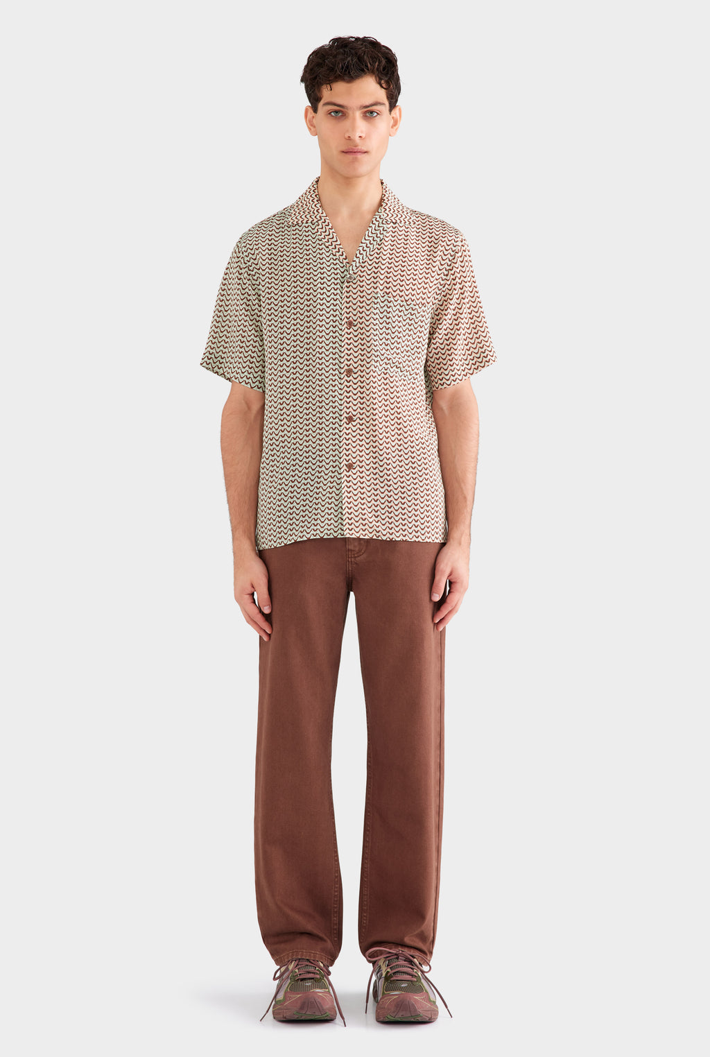 Short Sleeve Silk Camp Collar Shirt - Pale Aqua/Peach Spliced V Monogram