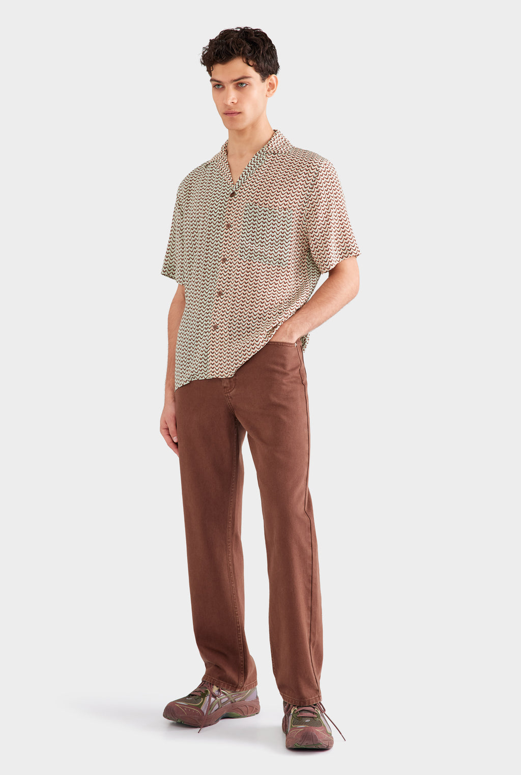 Short Sleeve Silk Camp Collar Shirt - Pale Aqua/Peach Spliced V Monogram