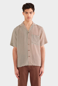 Short Sleeve Silk Camp Collar Shirt - Pale Aqua/Peach Spliced V Monogram