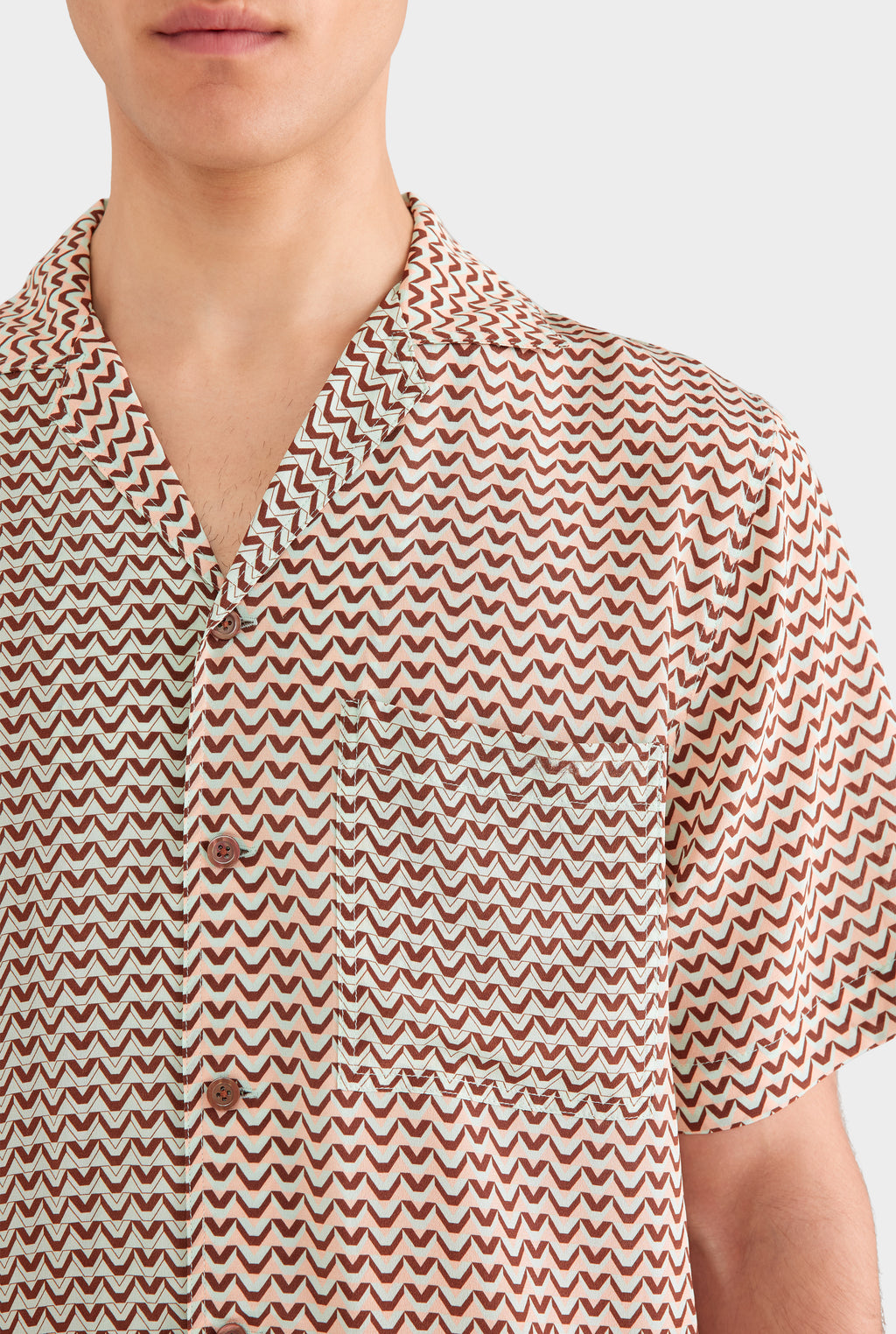 Short Sleeve Silk Camp Collar Shirt - Pale Aqua/Peach Spliced V Monogram