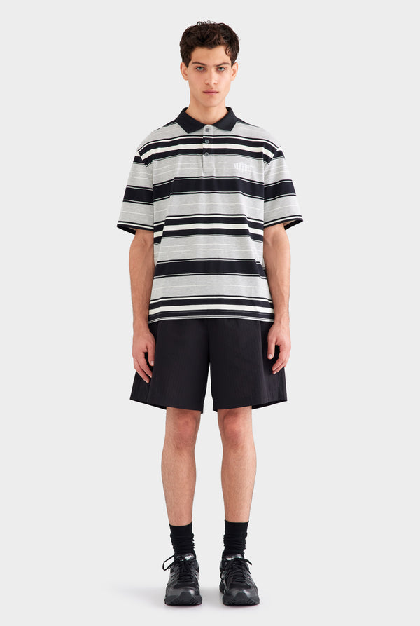 Short Sleeve Striped Cotton Polo - Grey/Black Stripe