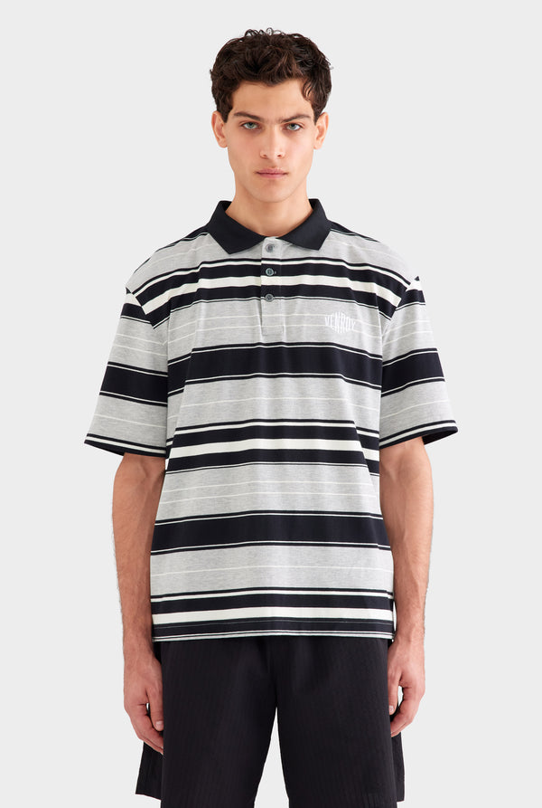 Short Sleeve Striped Cotton Polo - Grey/Black Stripe