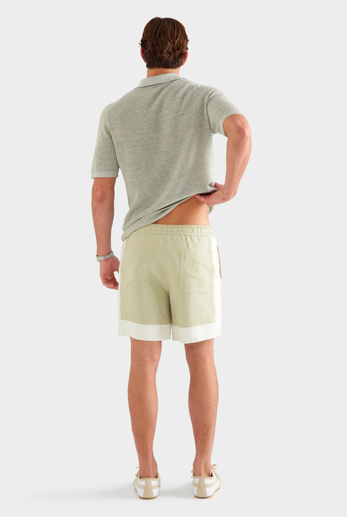 Panelled Applique Border Silk Linen Short - Stone Green/Cream