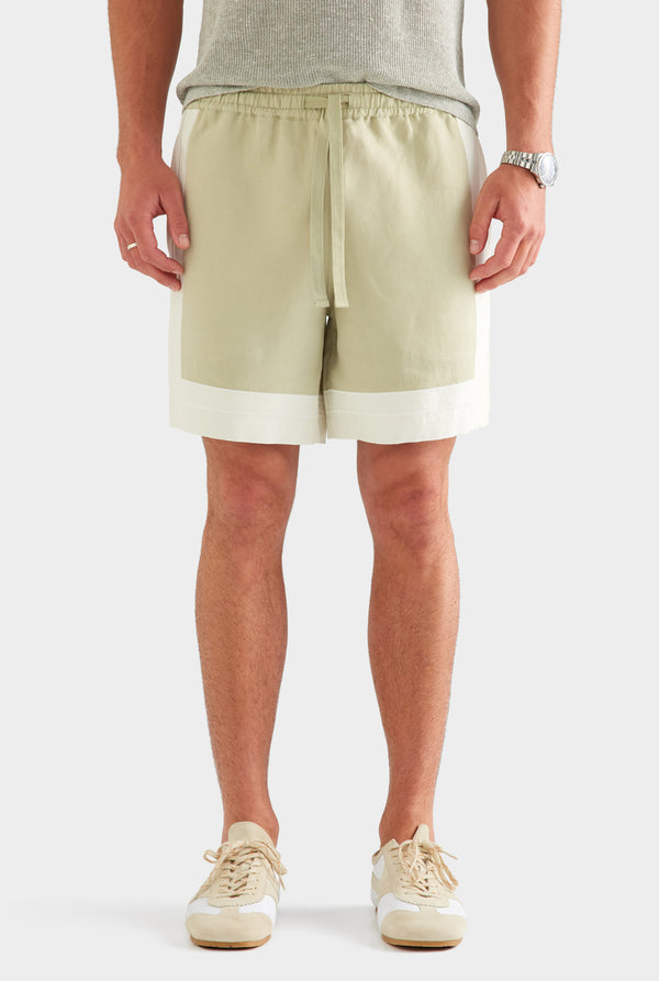 Panelled Applique Border Silk Linen Short - Stone Green/Cream