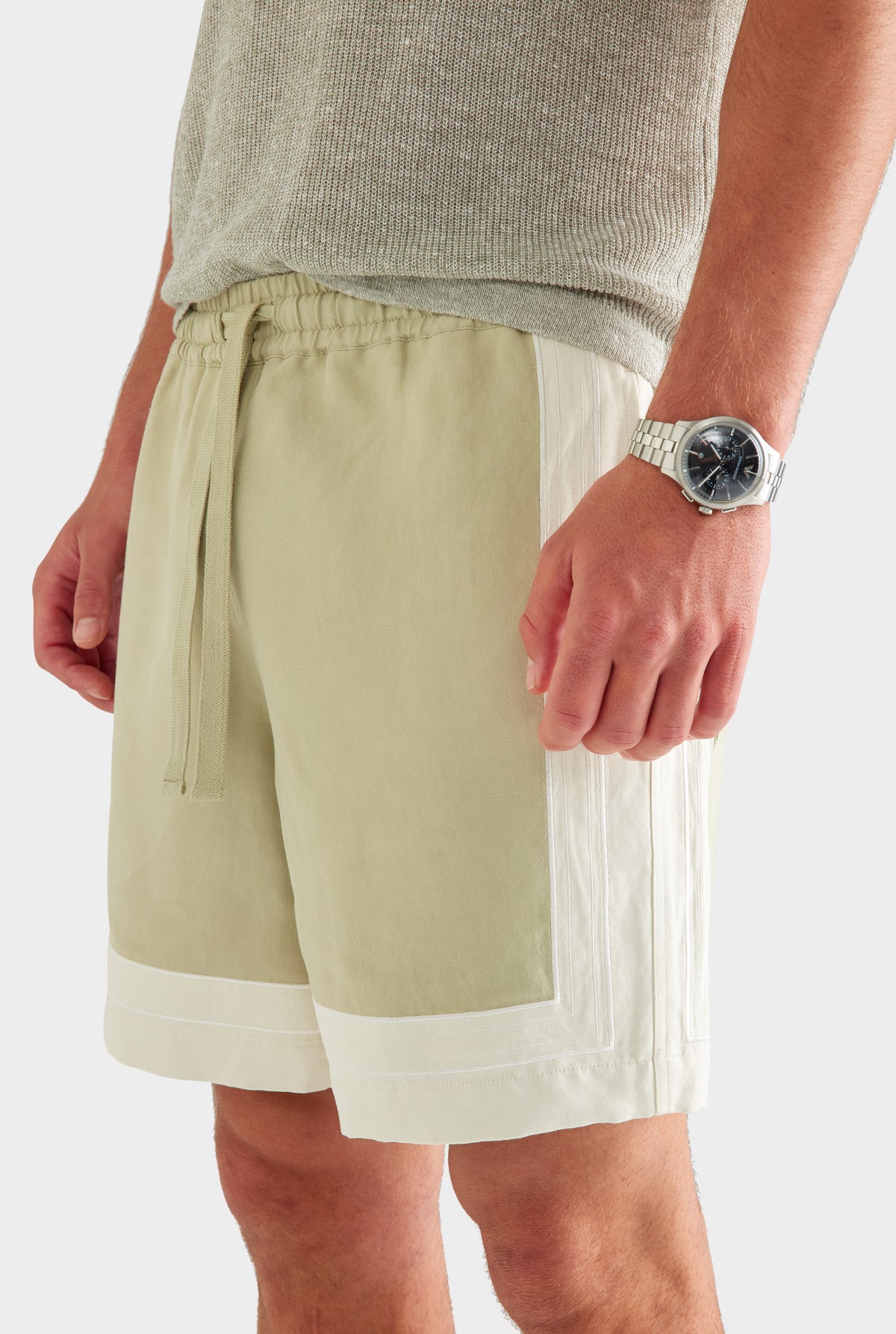 Panelled Applique Border Silk Linen Short - Stone Green/Cream